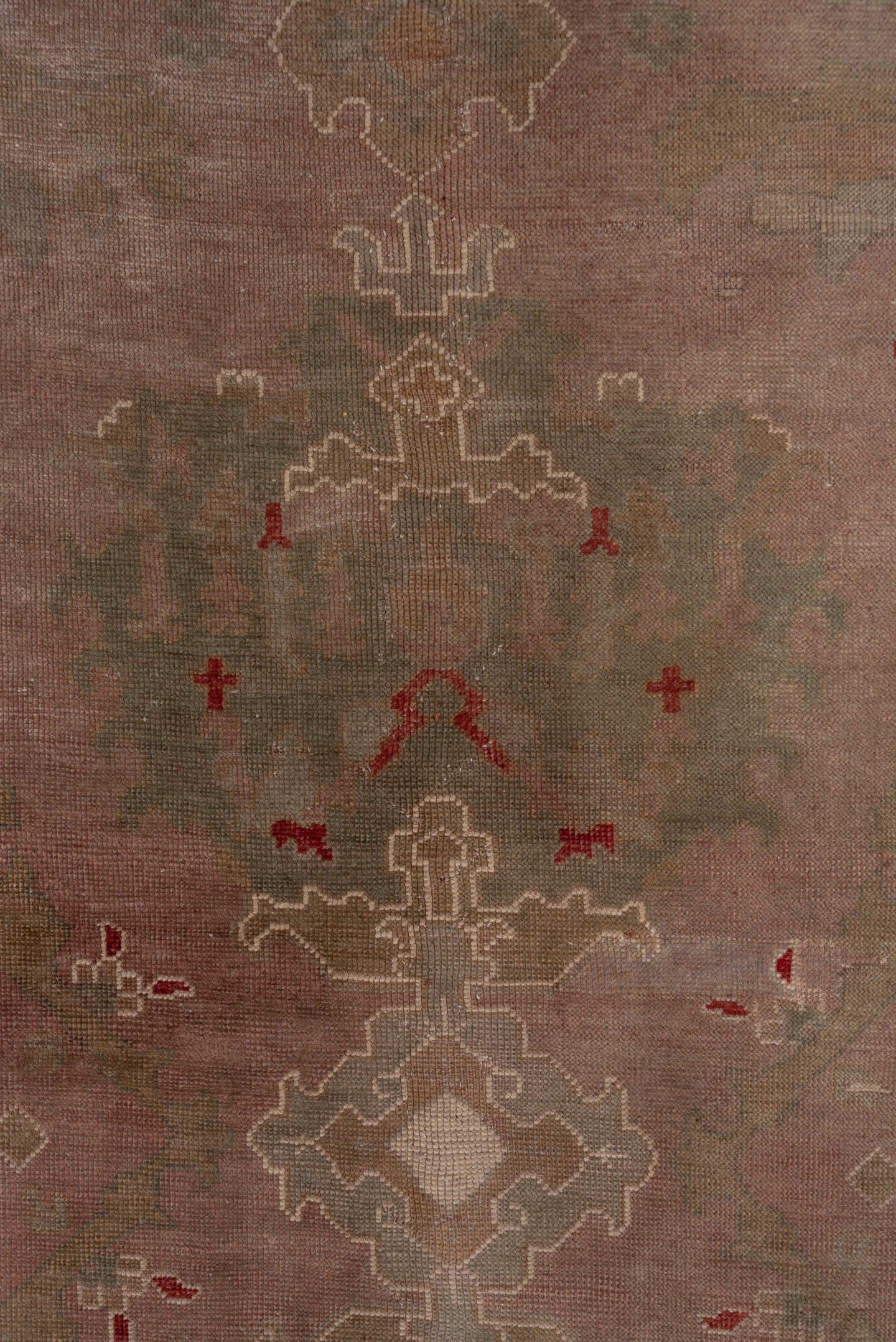 4' x 16' one-of-a-kind handmade antique Oushak runner rug. Color palette: rose, taupe, sage, ivory, rust, brown, pink, red
