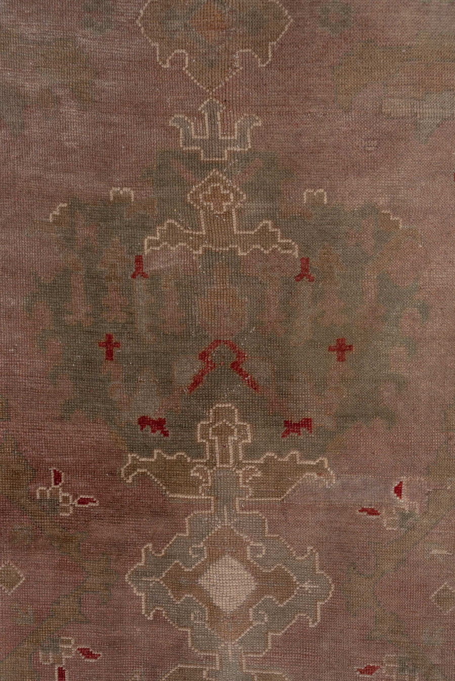 4' x 16' one-of-a-kind handmade antique Oushak runner rug. Color palette: rose, taupe, sage, ivory, rust, brown, pink, red