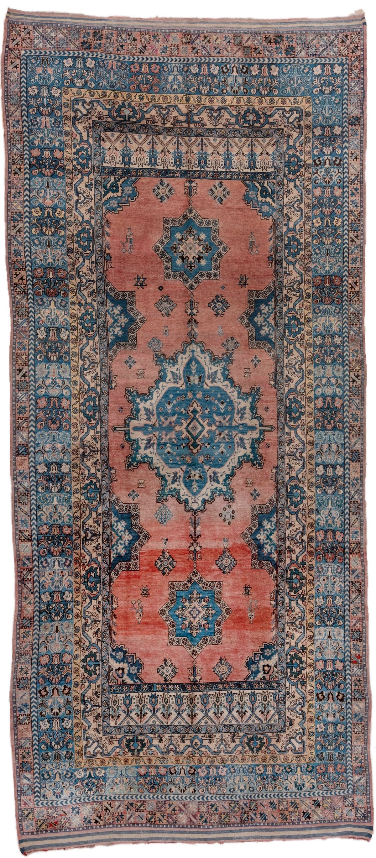 6' x 14' one-of-a-kind handmade antique Moroccan large size rug. Color palette: blue, salmon, ivory, navy, sky_blue, rose
