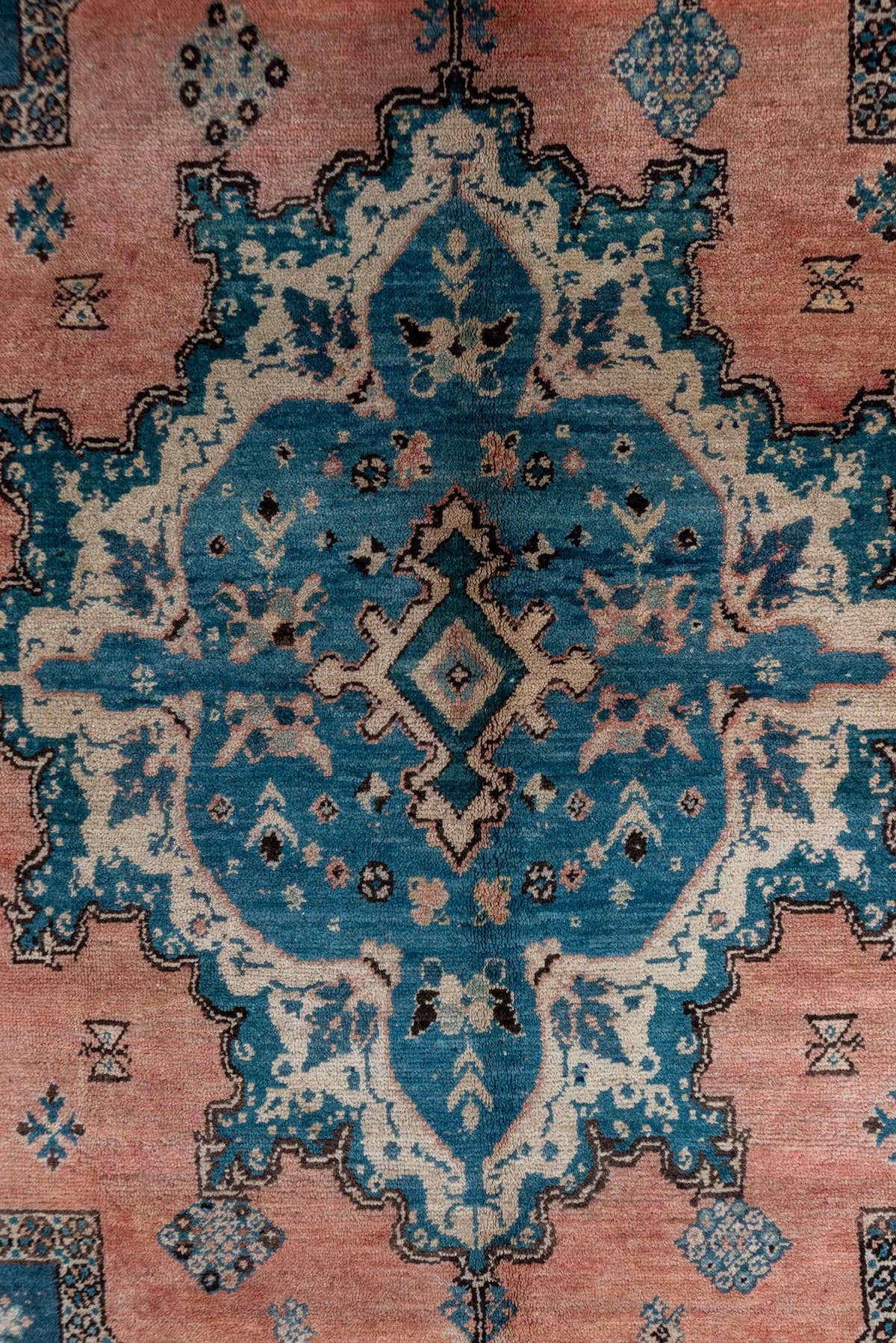 6' x 14' one-of-a-kind handmade antique Moroccan large size rug. Color palette: blue, salmon, ivory, navy, sky_blue, rose