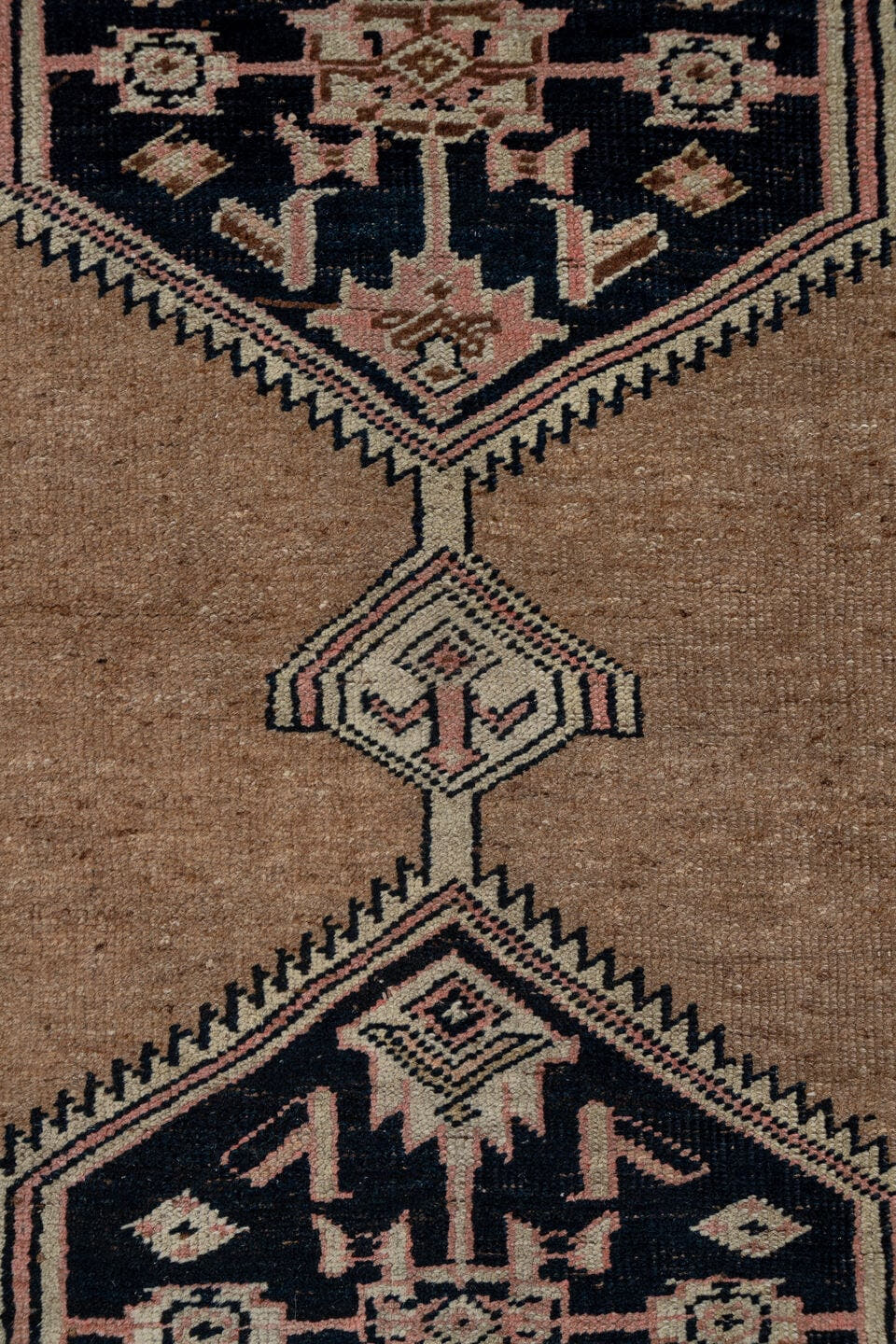3' x 13' one-of-a-kind handmade antique Sarab runner rug. Color palette: camel, navy, rust, rose, ivory, brown, beige, blue