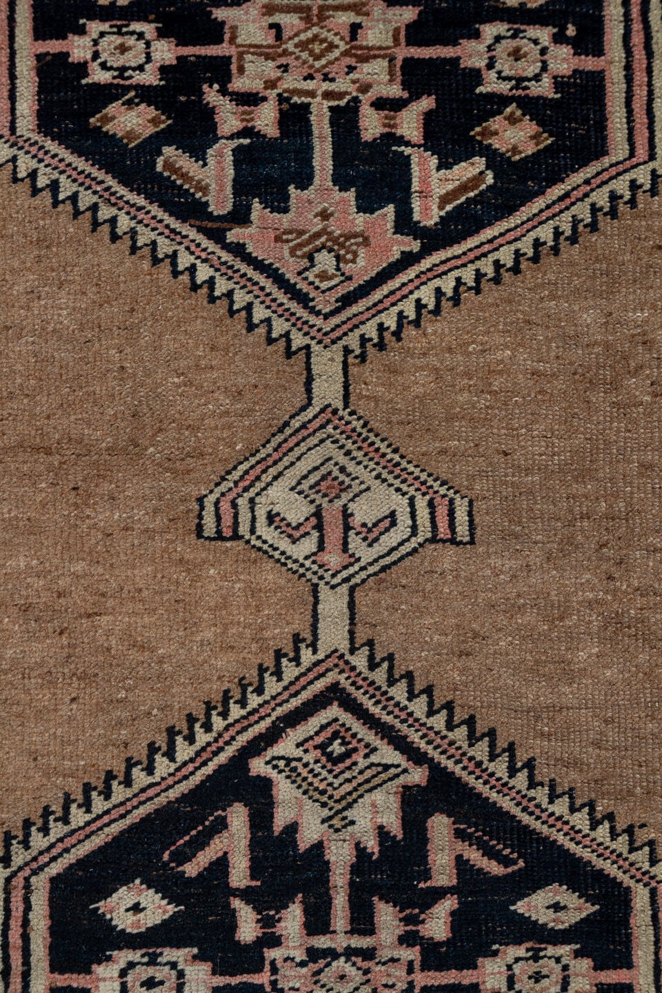 3' x 13' one-of-a-kind handmade antique Sarab runner rug. Color palette: camel, navy, rust, rose, ivory, brown, beige, blue