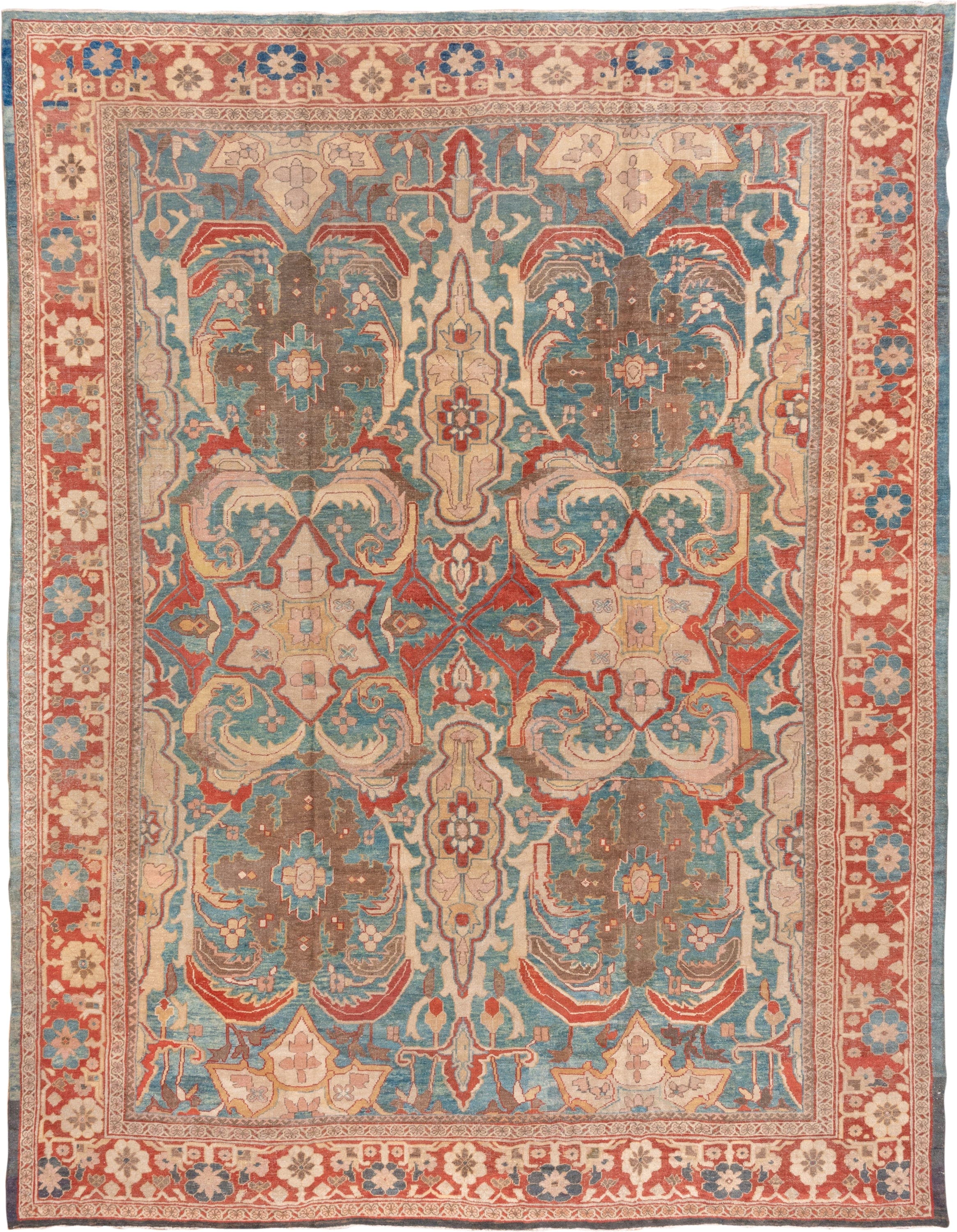 12' x 15' one-of-a-kind handmade antique Sultanabad oversize rug. Color palette: turquoise, terra cotta, ivory, taupe