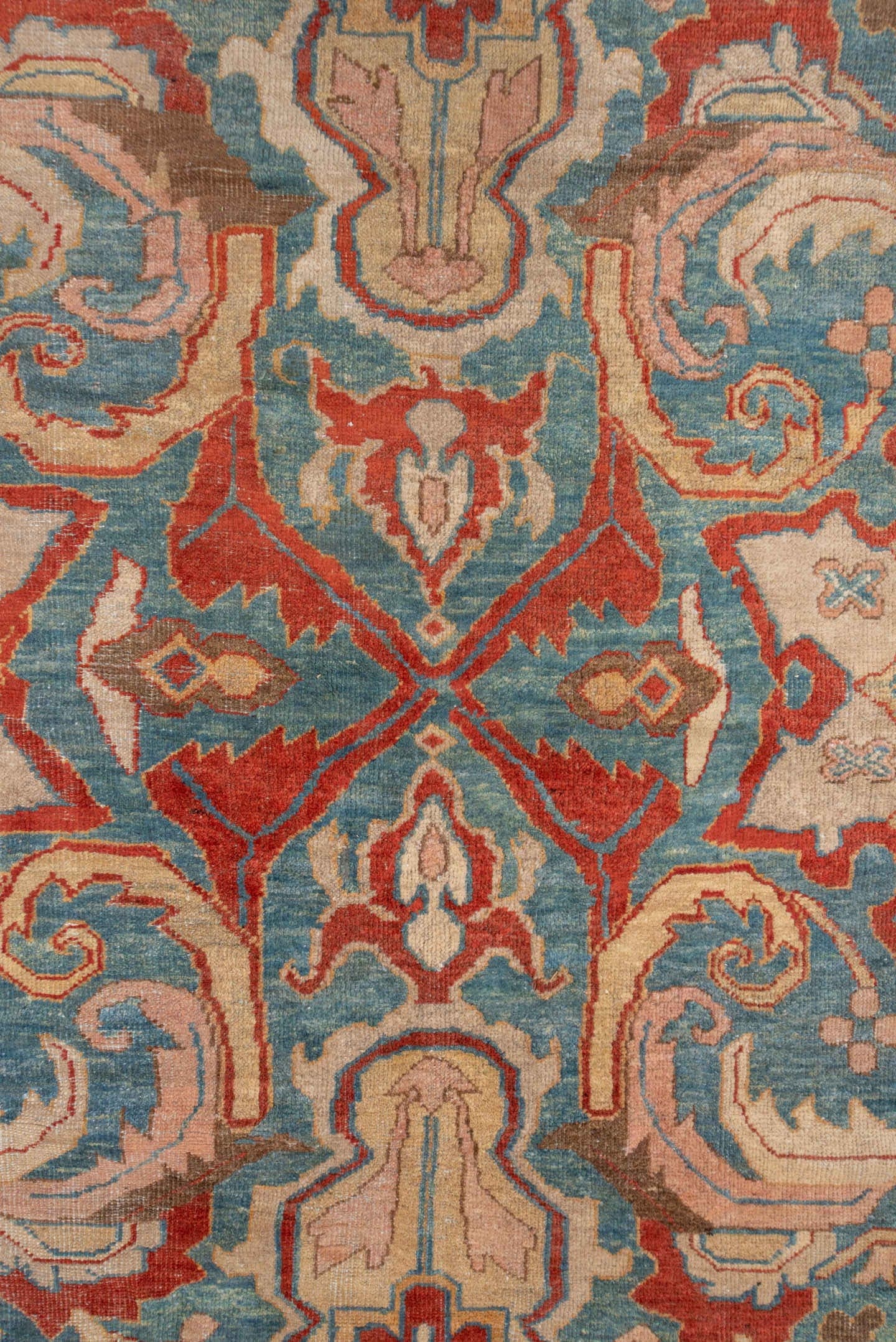 12' x 15' one-of-a-kind handmade antique Sultanabad oversize rug. Color palette: turquoise, terra cotta, ivory, taupe