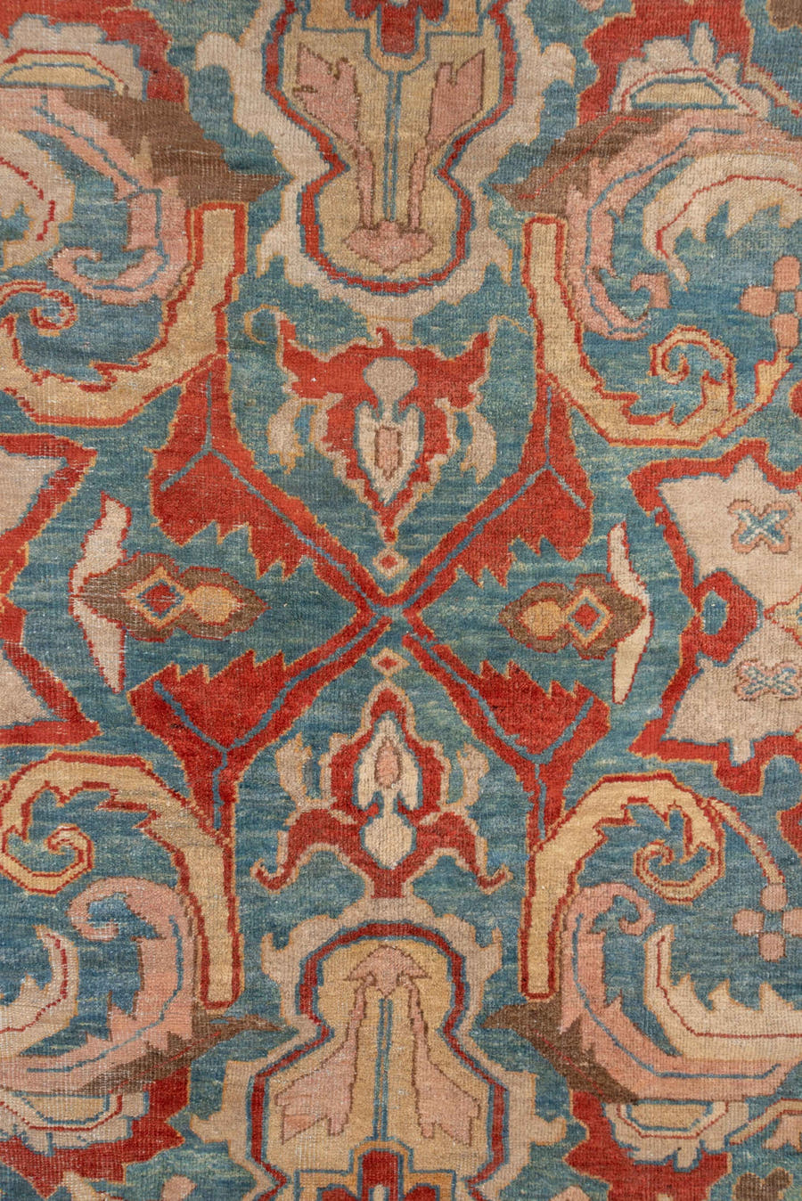 12' x 15' one-of-a-kind handmade antique Sultanabad oversize rug. Color palette: turquoise, terra cotta, ivory, taupe