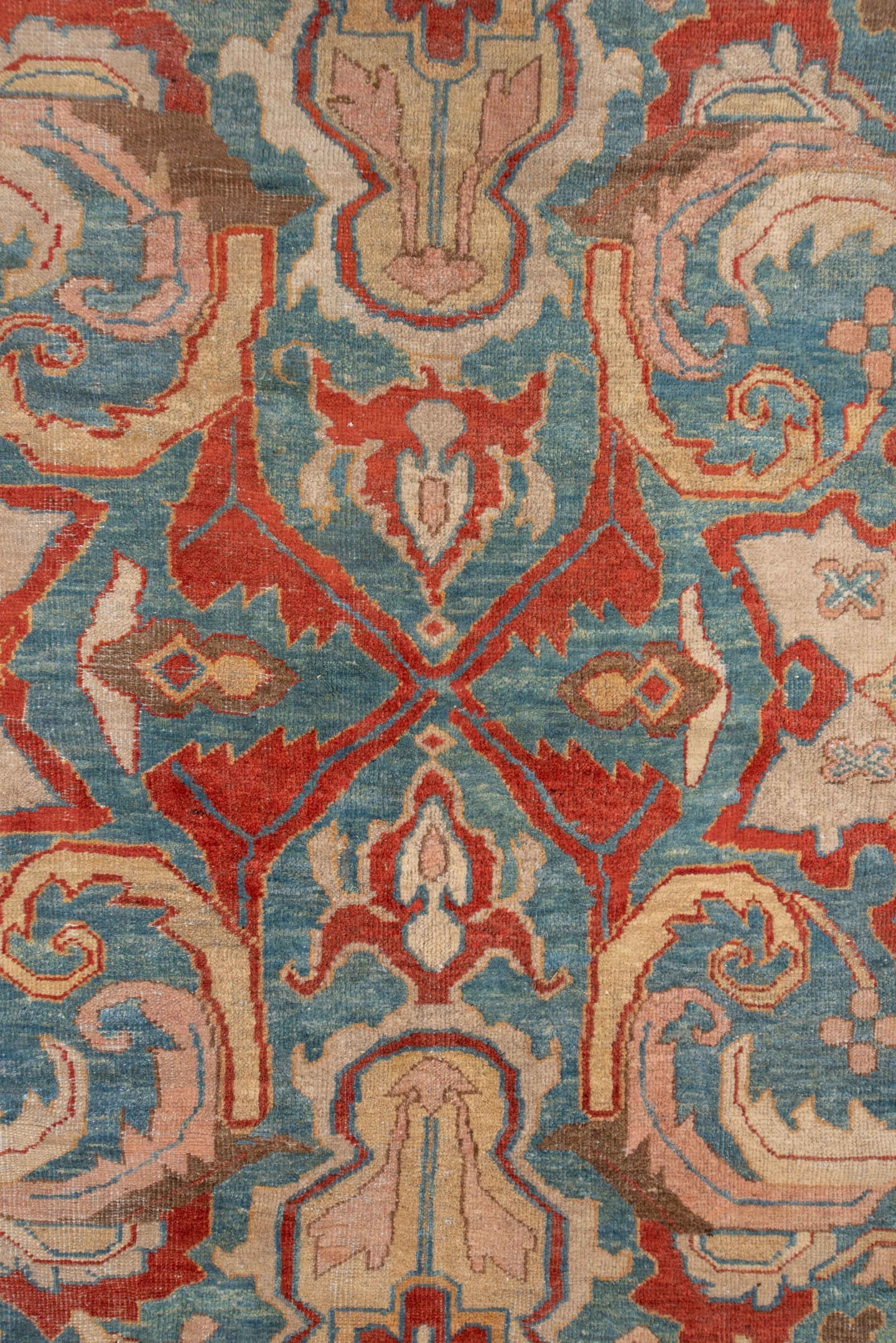 12' x 15' one-of-a-kind handmade antique Sultanabad oversize rug. Color palette: turquoise, terra cotta, ivory, taupe