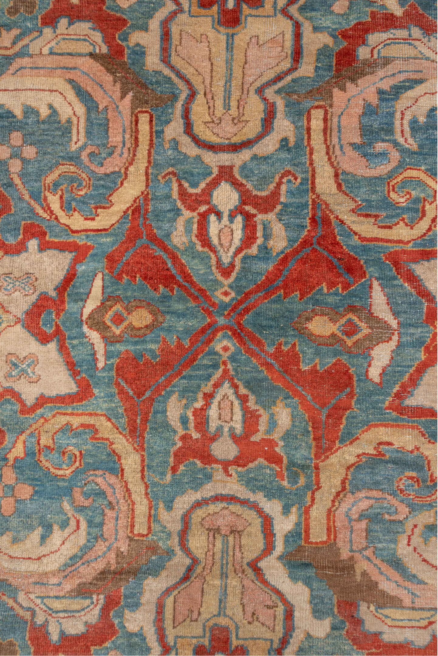 12' x 15' one-of-a-kind handmade vintage Sultanabad oversize rug. Color palette: brown, gray, off-white, orange, pink, red