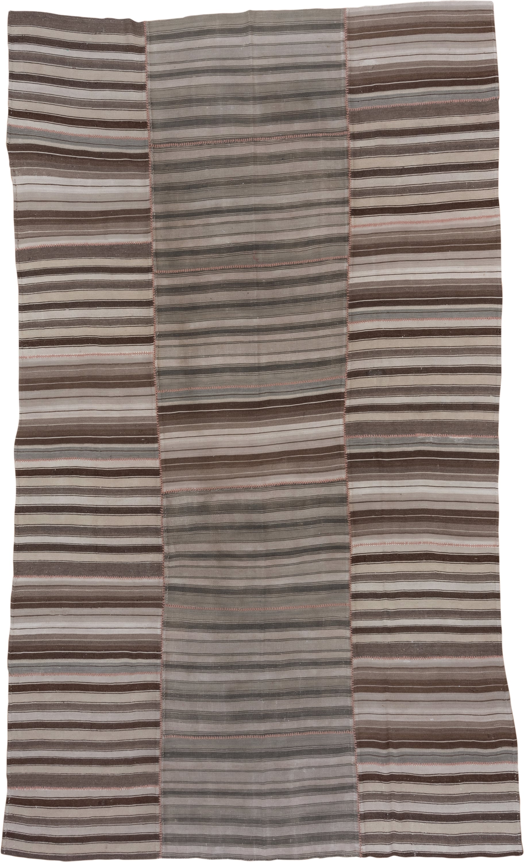 7' x 13' one-of-a-kind handmade antique Kilim large size rug. Color palette: taupe, brown, ivory, gray, charcoal, rose