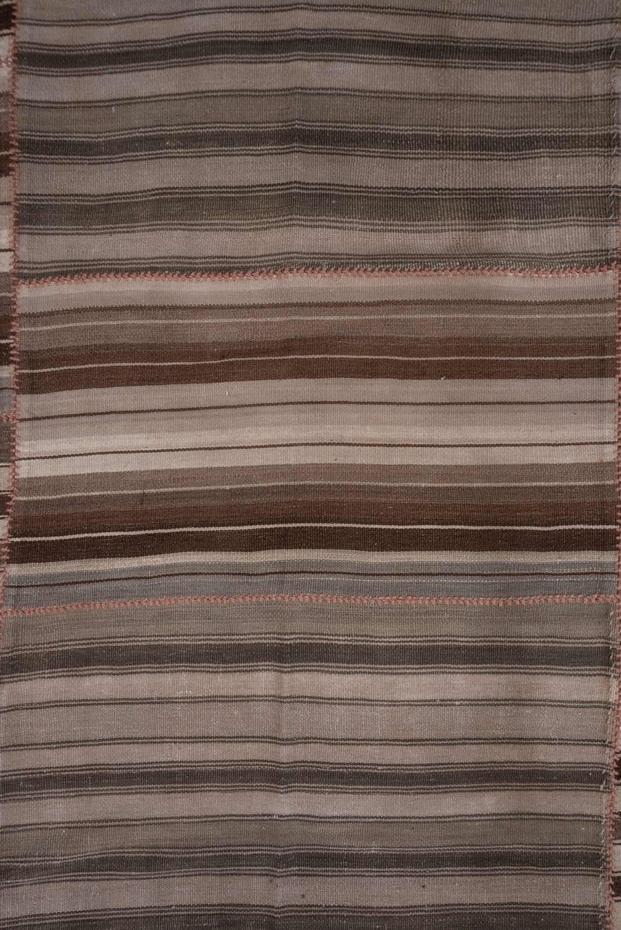 7' x 13' one-of-a-kind handmade antique Kilim large size rug. Color palette: taupe, brown, ivory, gray, charcoal, rose