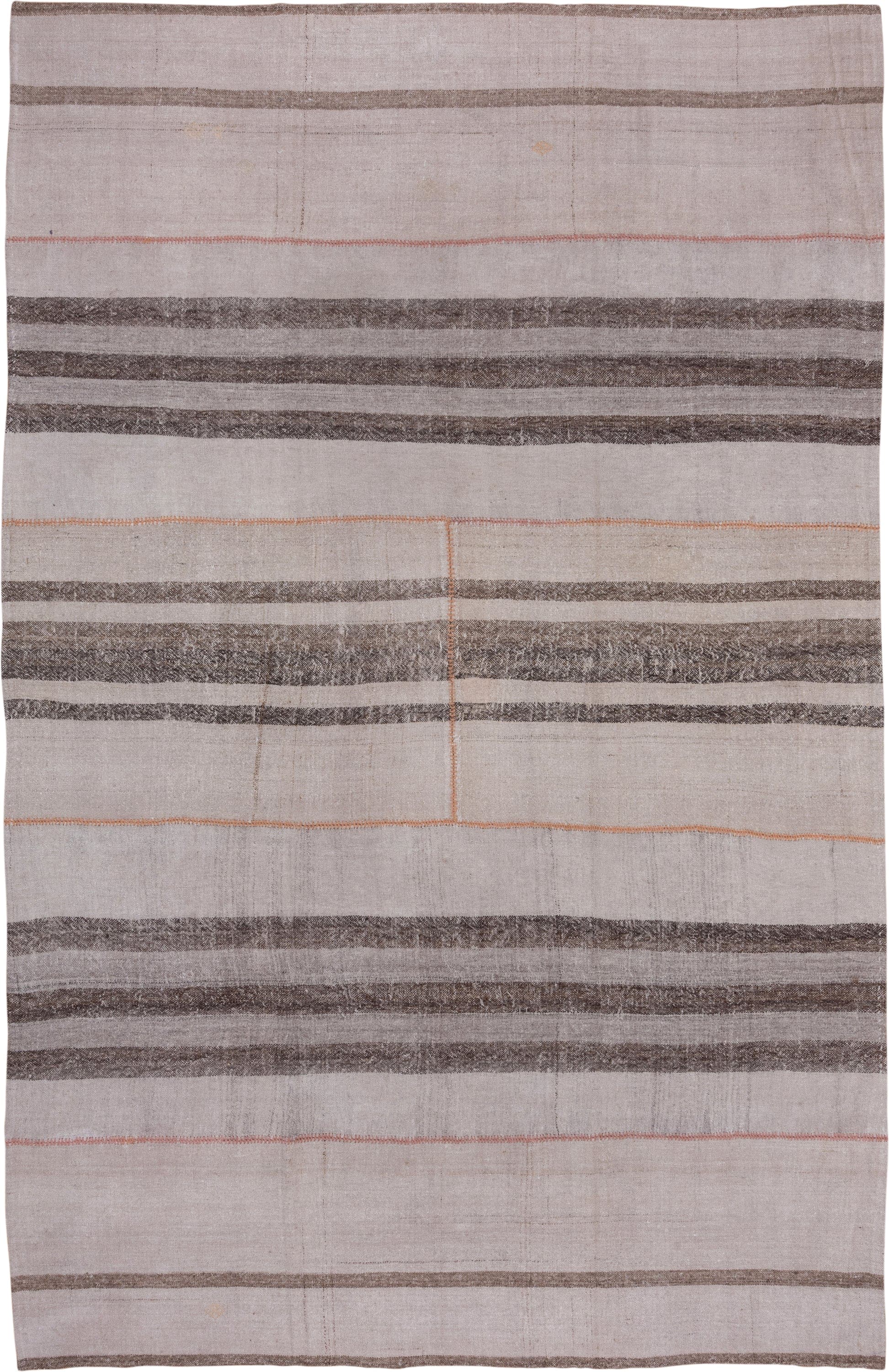 8' x 13' one-of-a-kind handmade vintage Kilim large size rug. Color palette: ivory, taupe, charcoal, coral, beige, gray