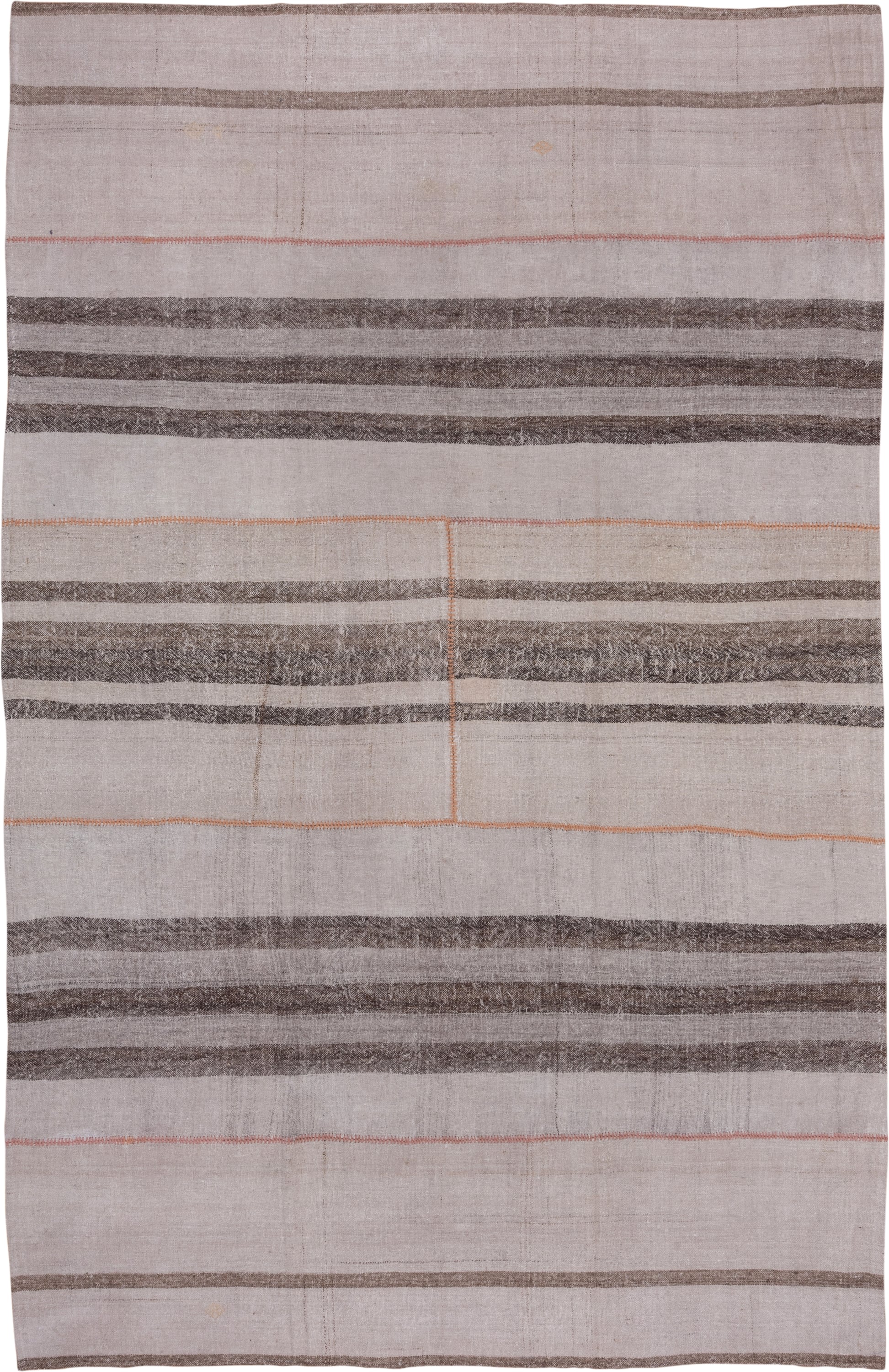 8' x 13' one-of-a-kind handmade vintage Kilim large size rug. Color palette: ivory, taupe, charcoal, coral, beige, gray