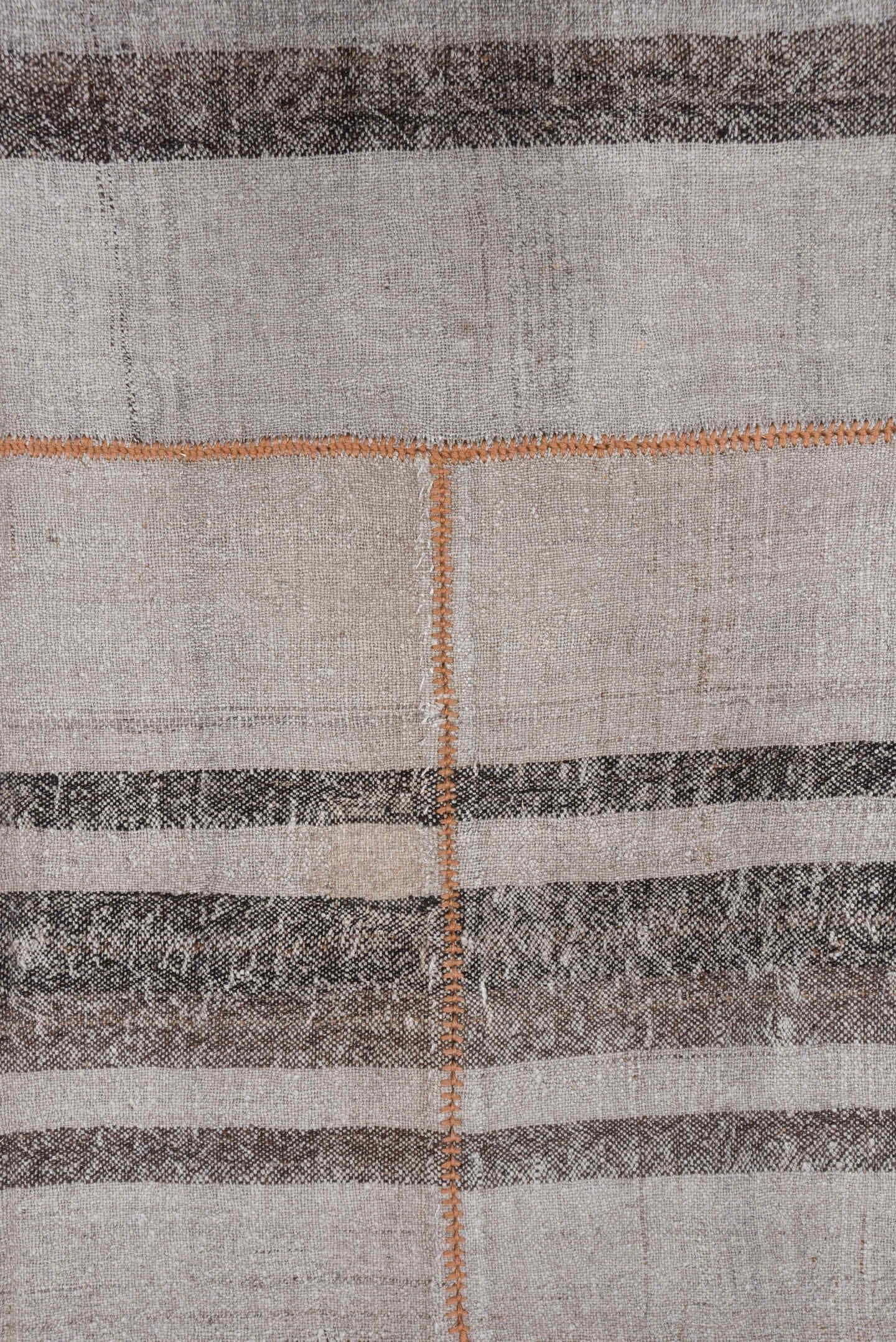 8' x 13' one-of-a-kind handmade vintage Kilim large size rug. Color palette: ivory, taupe, charcoal, coral, beige, gray