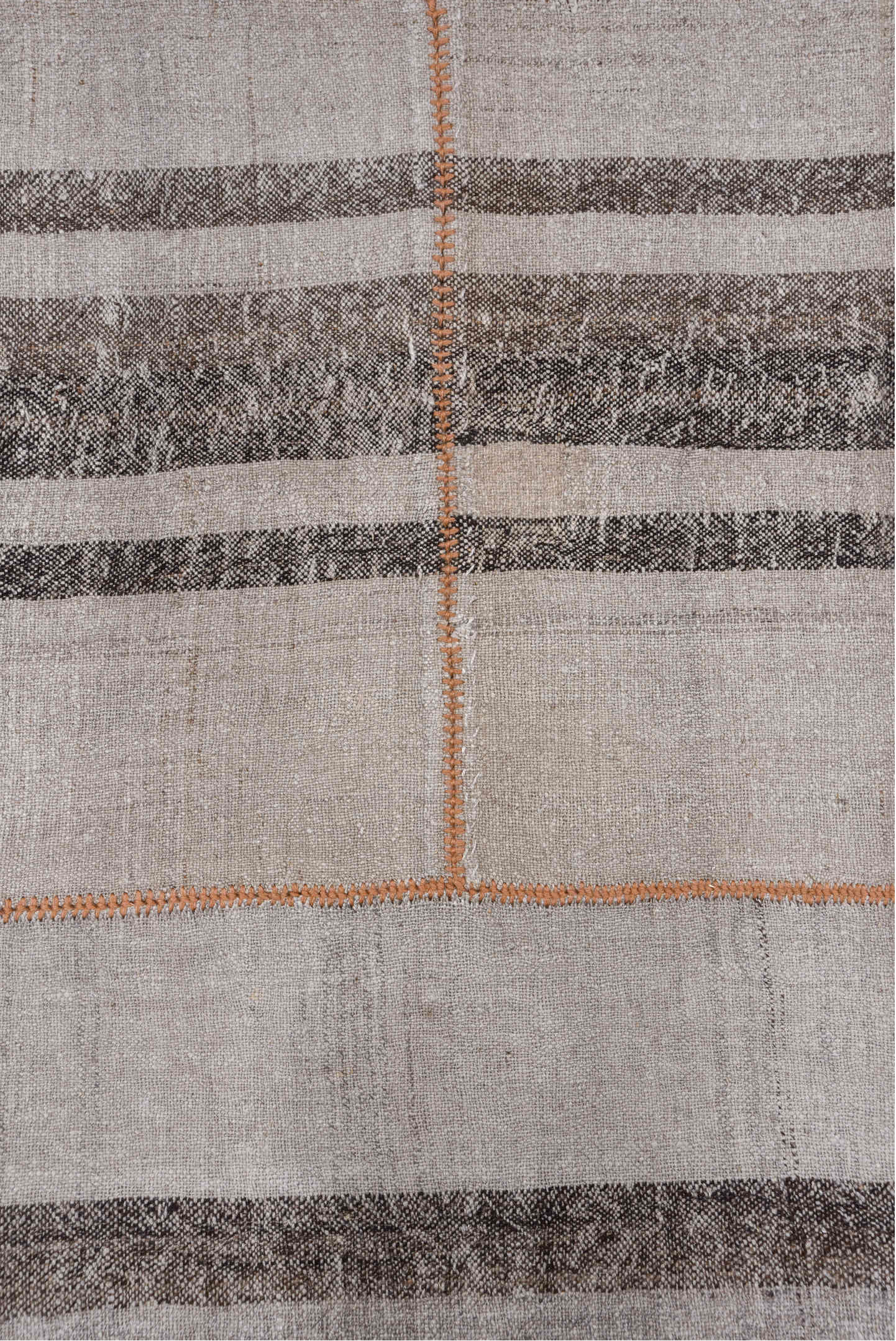 8' x 13' one-of-a-kind handmade vintage Kilim large size rug. Color palette: ivory, taupe, charcoal, coral, beige, gray