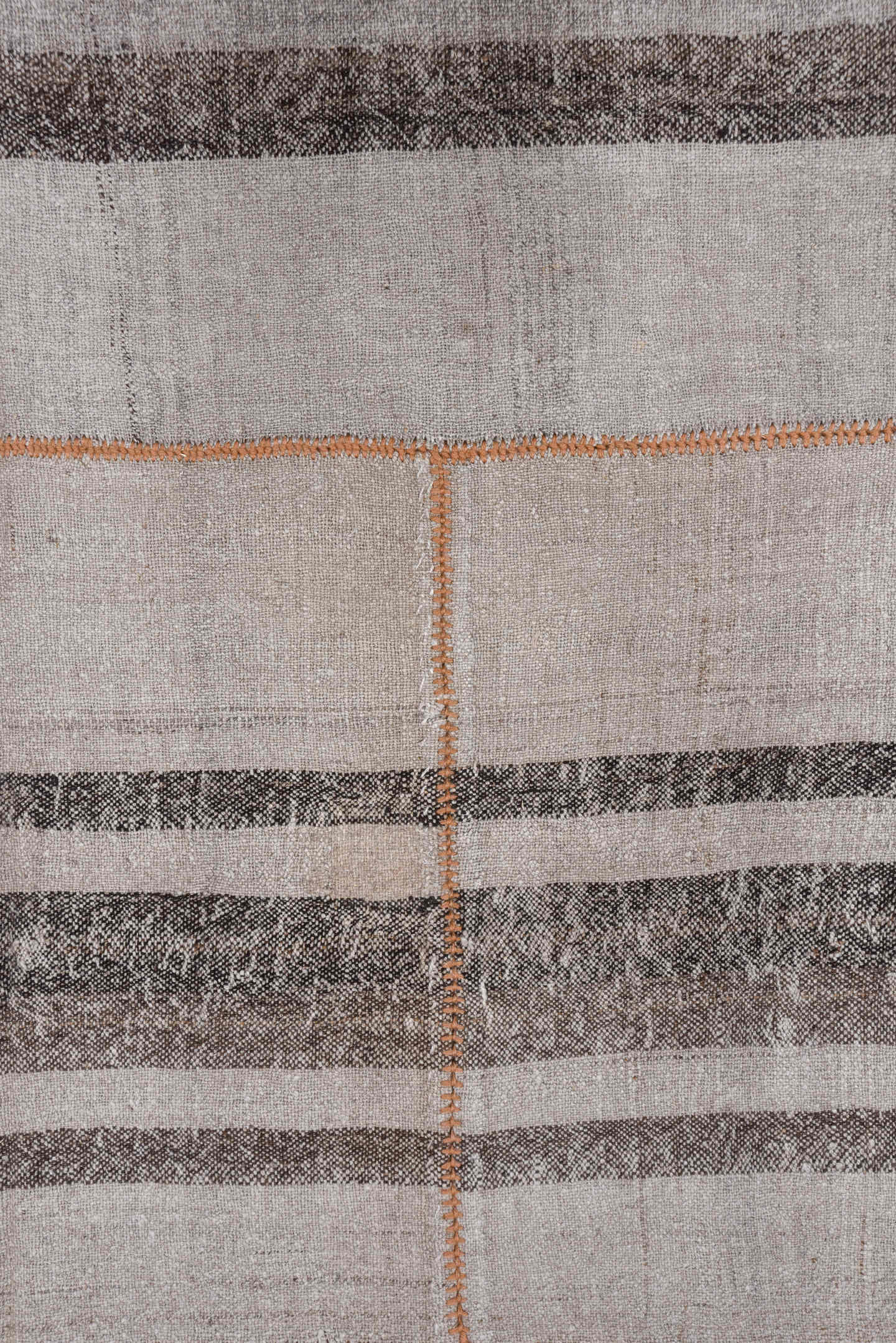 8' x 13' one-of-a-kind handmade vintage Kilim large size rug. Color palette: ivory, taupe, charcoal, coral, beige, gray