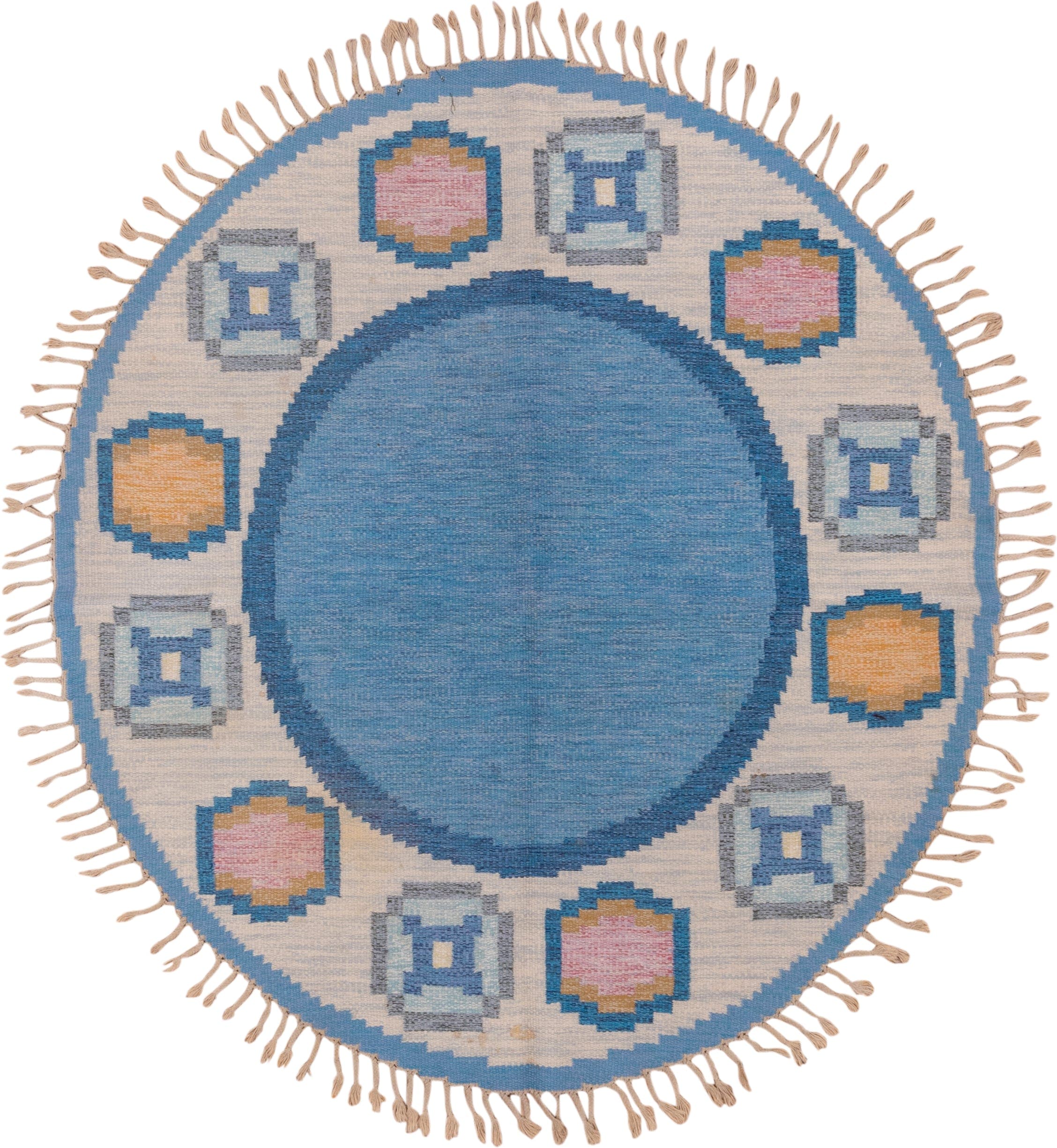 6' x 6' one-of-a-kind handmade vintage Rollaken rug. Color palette: sky blue, ivory, slate, blush, gold, camel, light blue