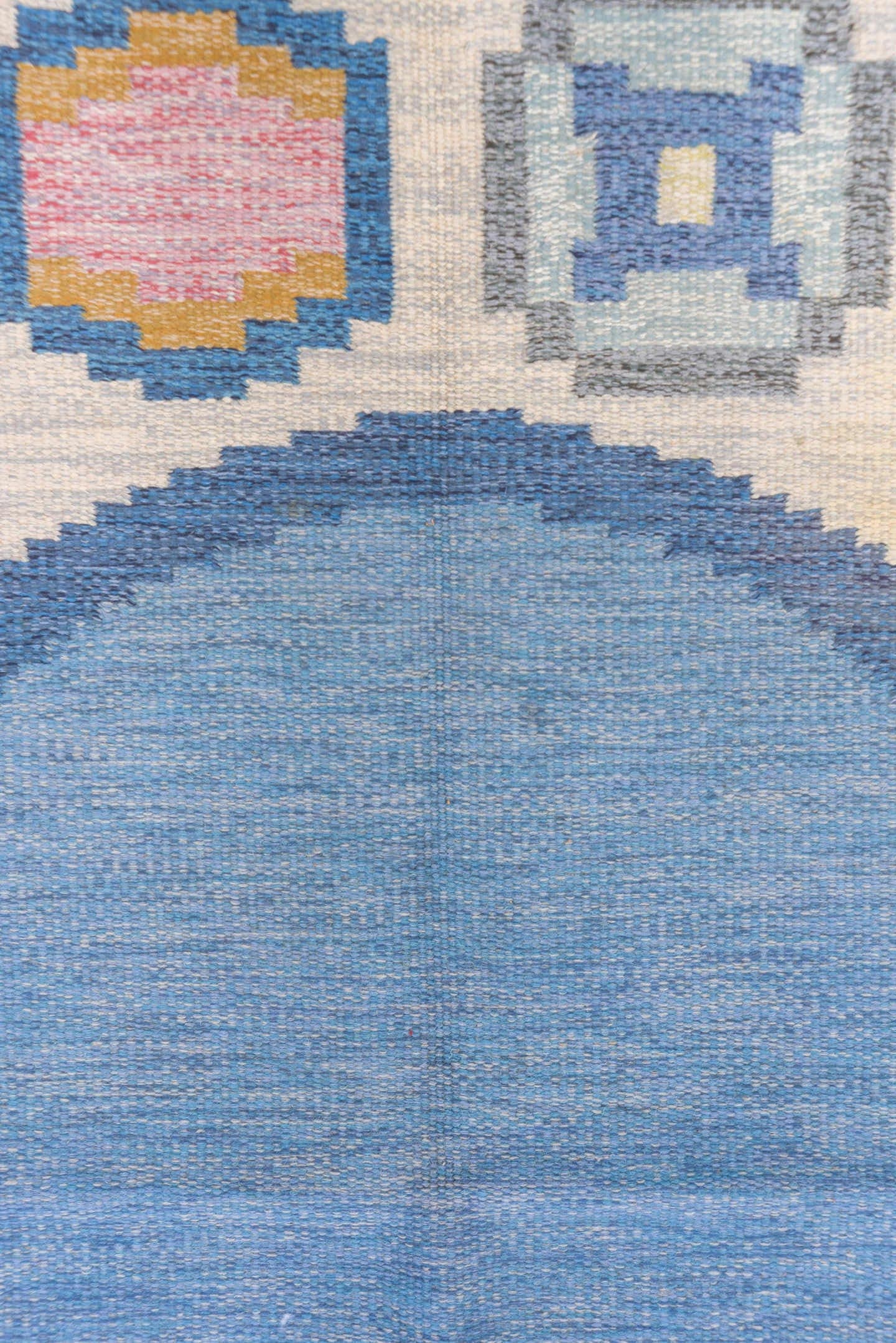 6' x 6' one-of-a-kind handmade vintage Rollaken rug. Color palette: sky blue, ivory, slate, blush, gold, camel, light blue