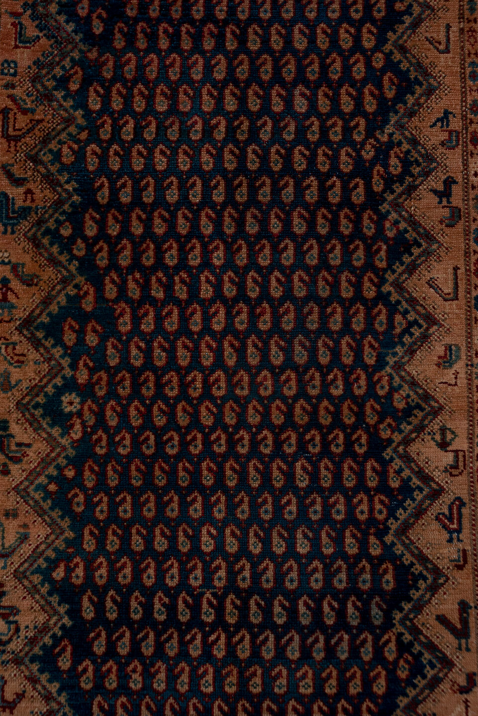 3' x 16' one-of-a-kind handmade antique Malayer runner rug. Color palette: navy, ivory, rust, camel, indigo, burgundy, taupe