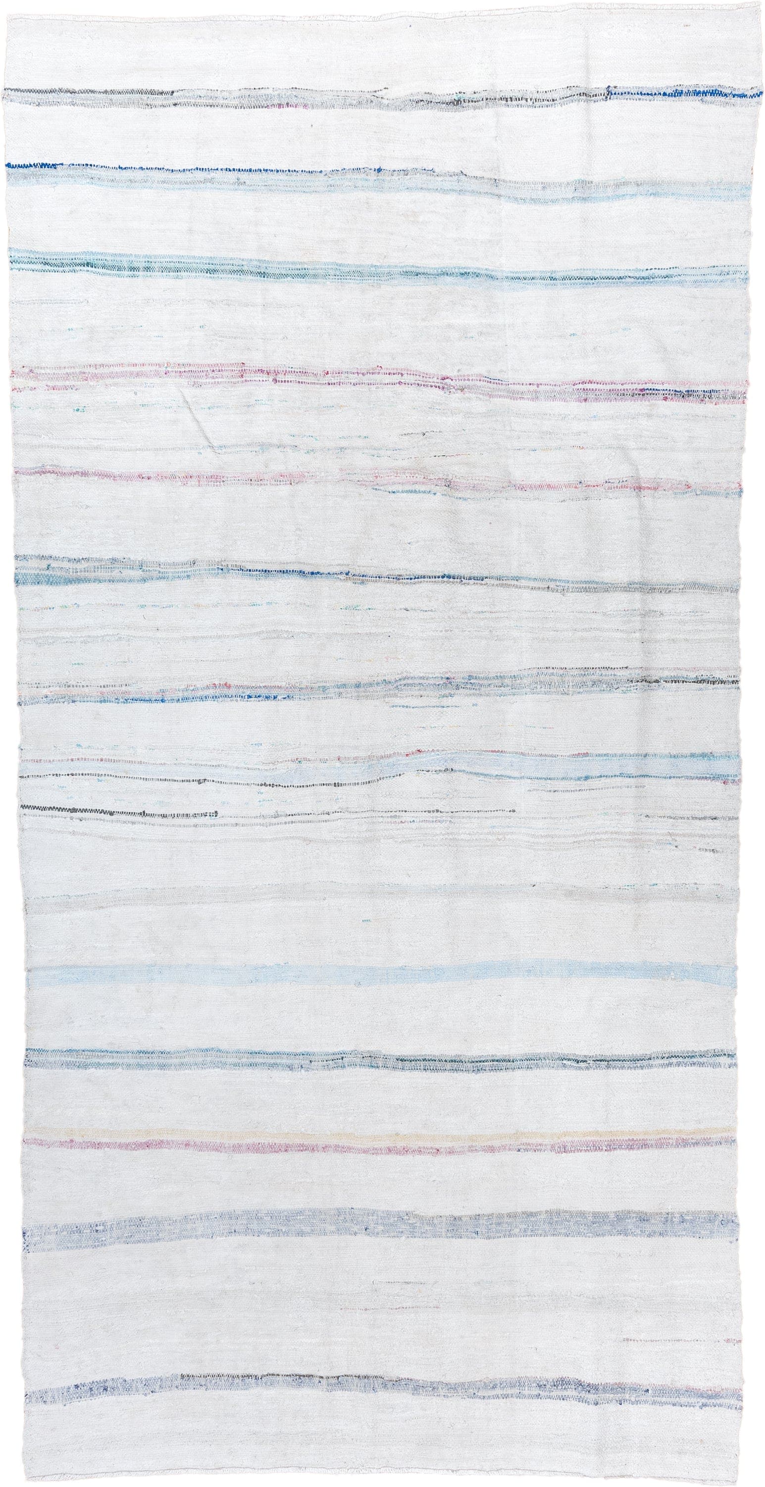 5' x 10' one-of-a-kind handmade vintage Rag Rug medium size rug. Color palette: ivory, pale blue, sky blue, charcoal, blush