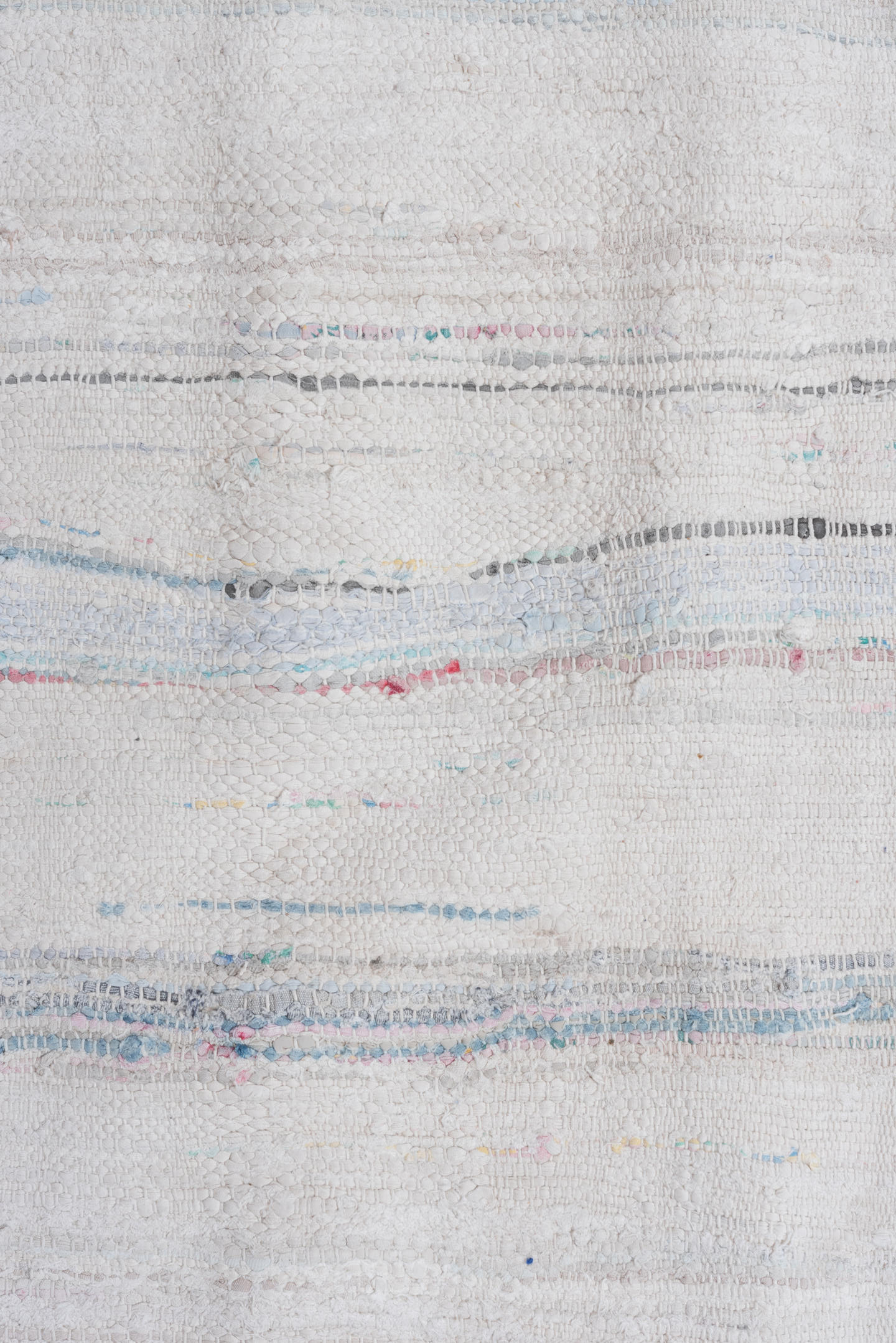 5' x 10' one-of-a-kind handmade vintage Rag Rug medium size rug. Color palette: ivory, pale blue, sky blue, charcoal, blush