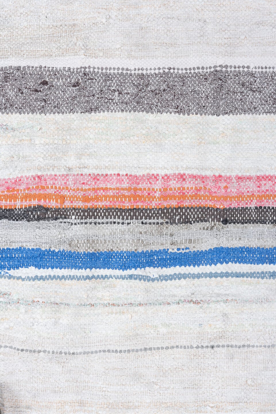 6' x 8' one-of-a-kind handmade vintage Rag Rug medium size rug. Color palette: ivory, charcoal, crimson, orange, cobalt