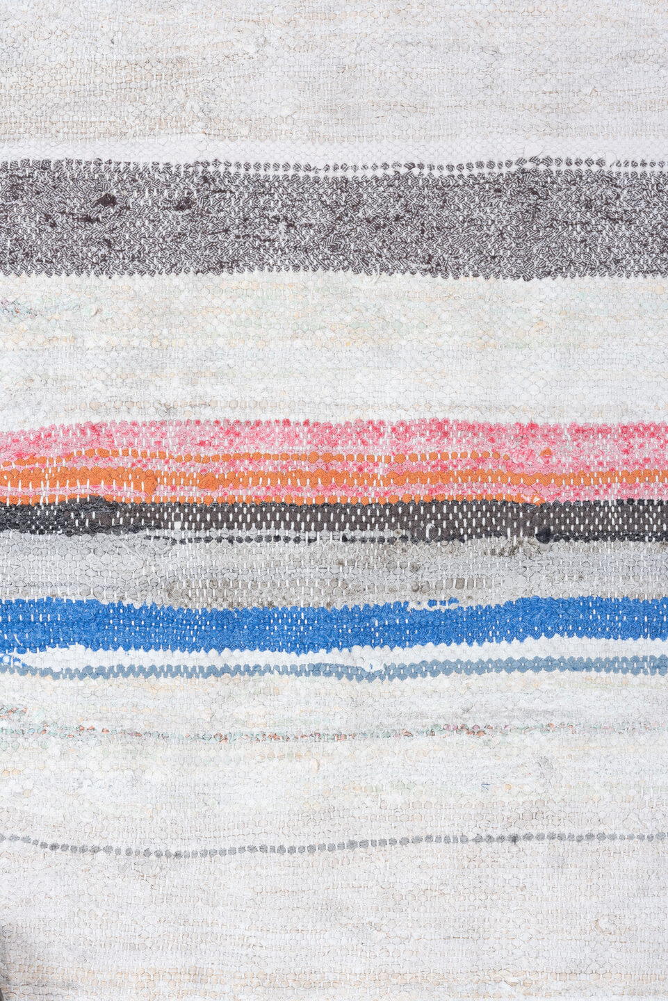 6' x 8' one-of-a-kind handmade vintage Rag Rug medium size rug. Color palette: ivory, charcoal, crimson, orange, cobalt