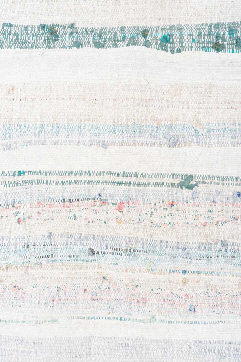 8' x 10' one-of-a-kind handmade vintage Rag Rug large size rug. Color palette: ivory, sky blue, teal, rose, brown, aqua