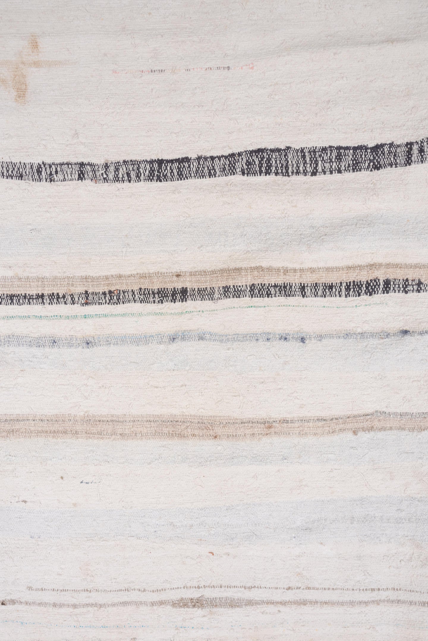 6' x 7' one-of-a-kind handmade antique Rag Rug rug. Color palette: ivory, cream, charcoal, slate, faded blue, taupe, gray