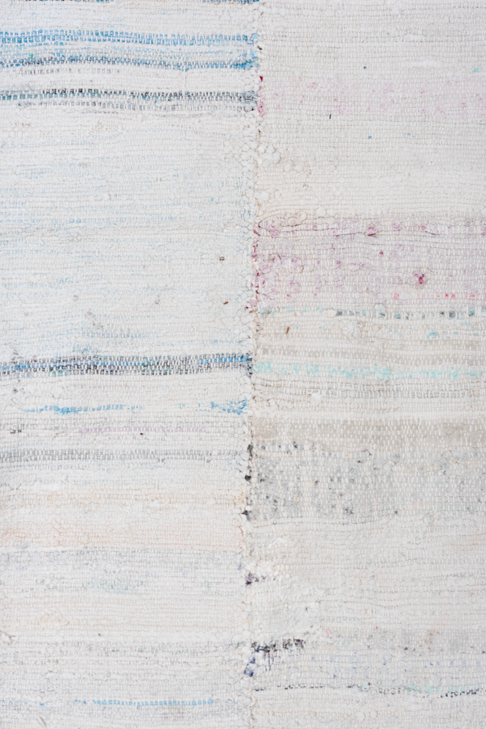 7' x 8' one-of-a-kind handmade vintage Rag Rug rug. Color palette: ivory, pale blue, aqua, light gray, blush, cobalt