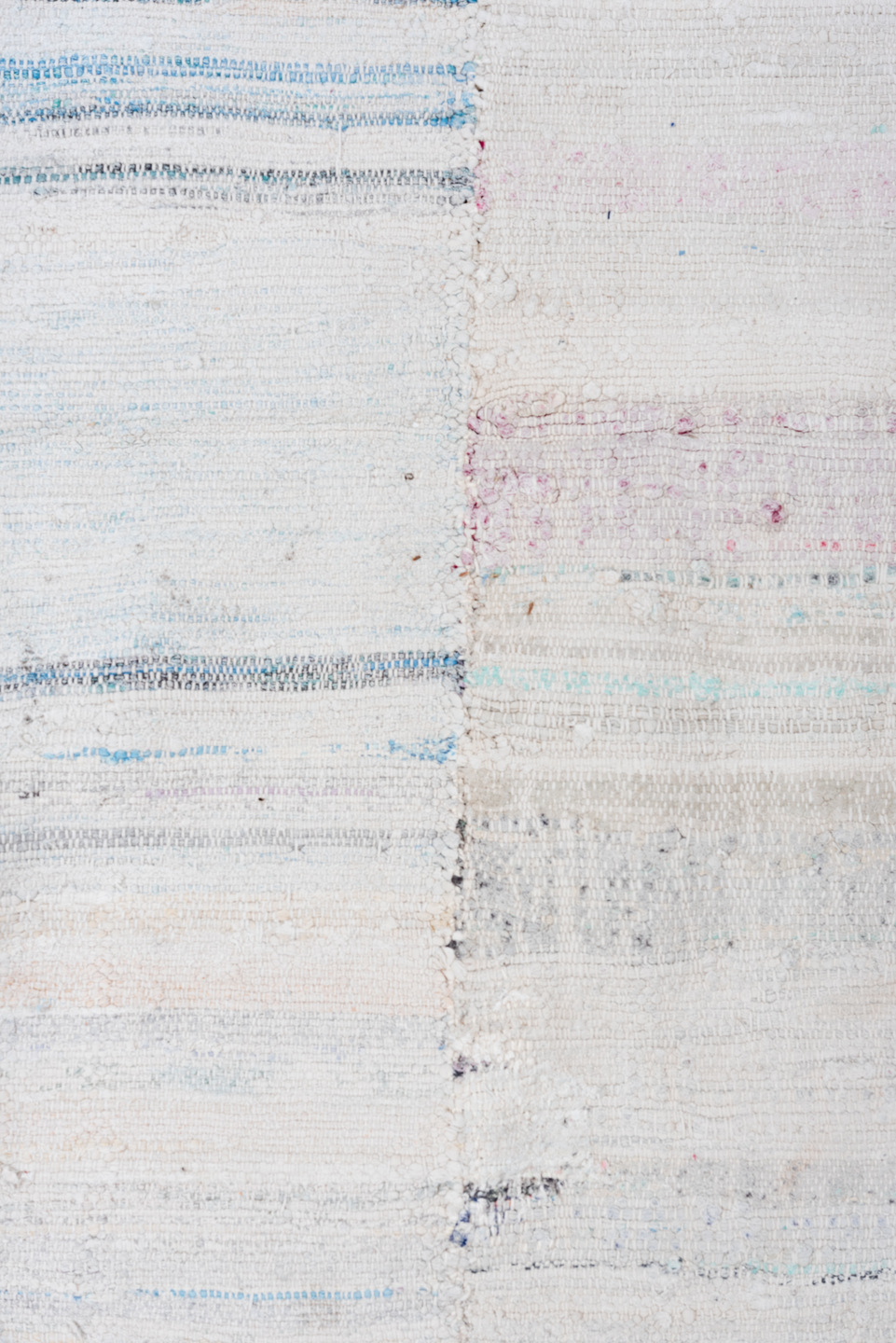 7' x 8' one-of-a-kind handmade vintage Rag Rug rug. Color palette: ivory, pale blue, aqua, light gray, blush, cobalt