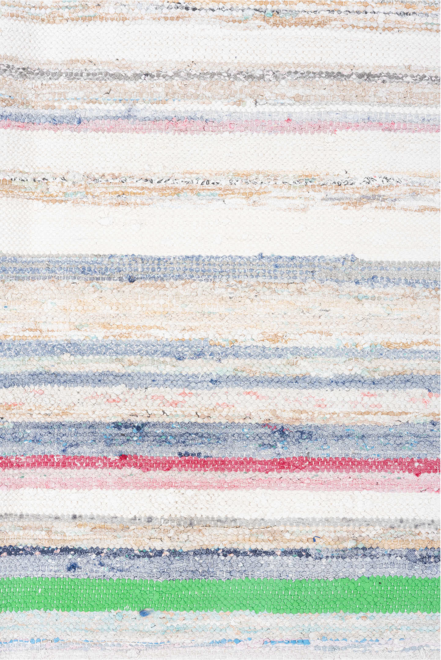 7' x 10' one-of-a-kind handmade vintage Rag Rug large size rug. Color palette: ivory, pale blue, beige, charcoal, pink