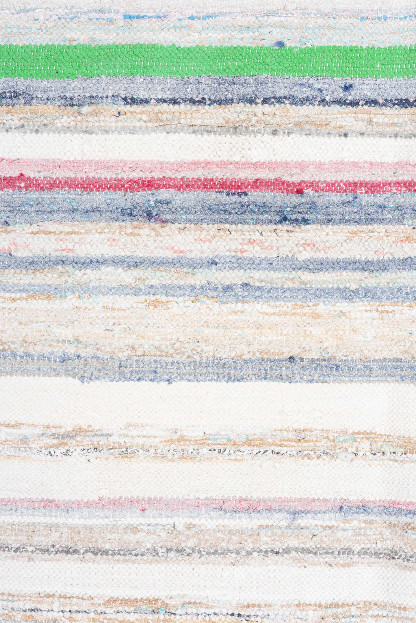 7' x 10' one-of-a-kind handmade vintage Rag Rug large size rug. Color palette: ivory, pale blue, beige, charcoal, pink