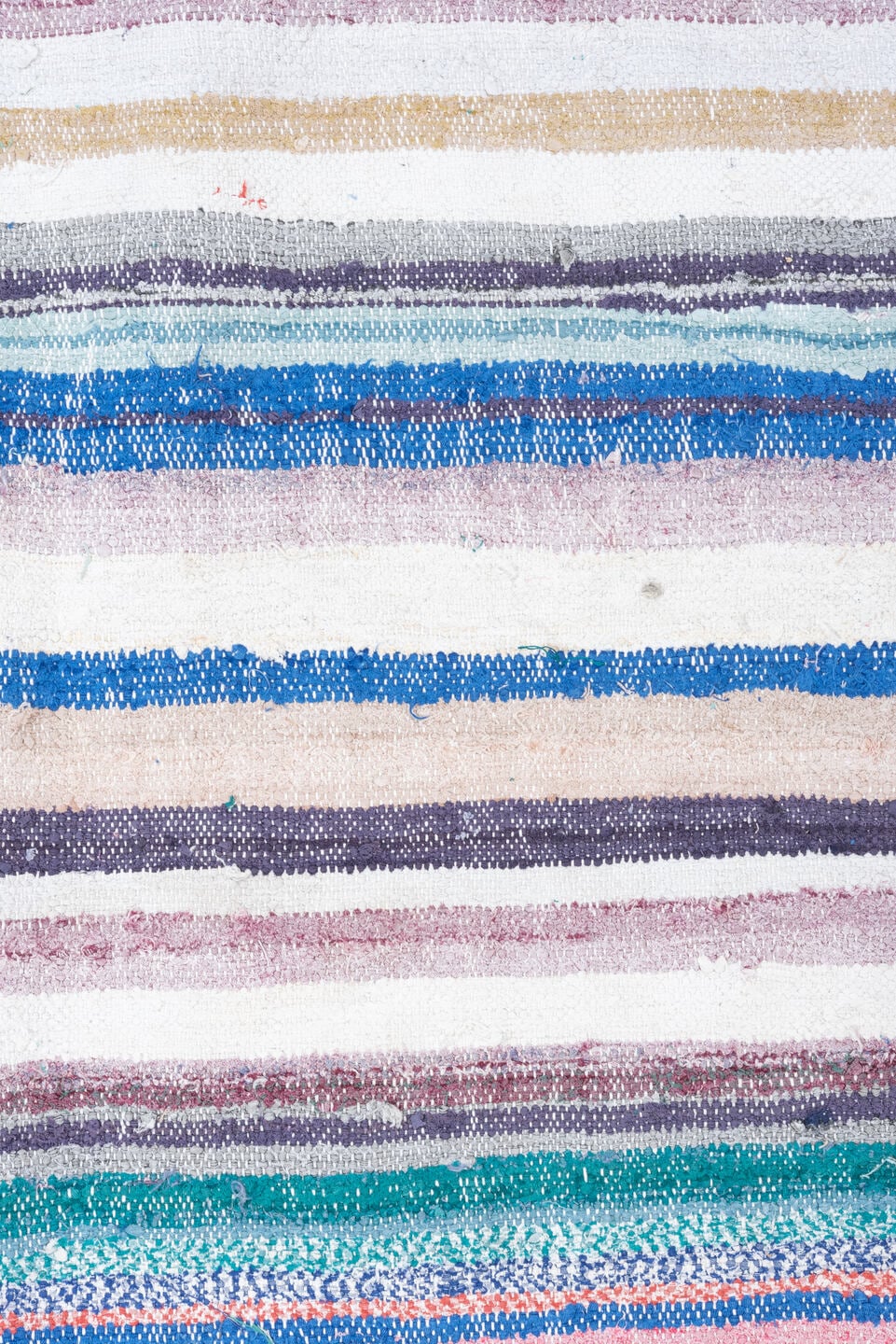 8' x 10' one-of-a-kind handmade vintage Rag Rug large size rug. Color palette: ivory, sky blue, turquoise, cobalt, coral