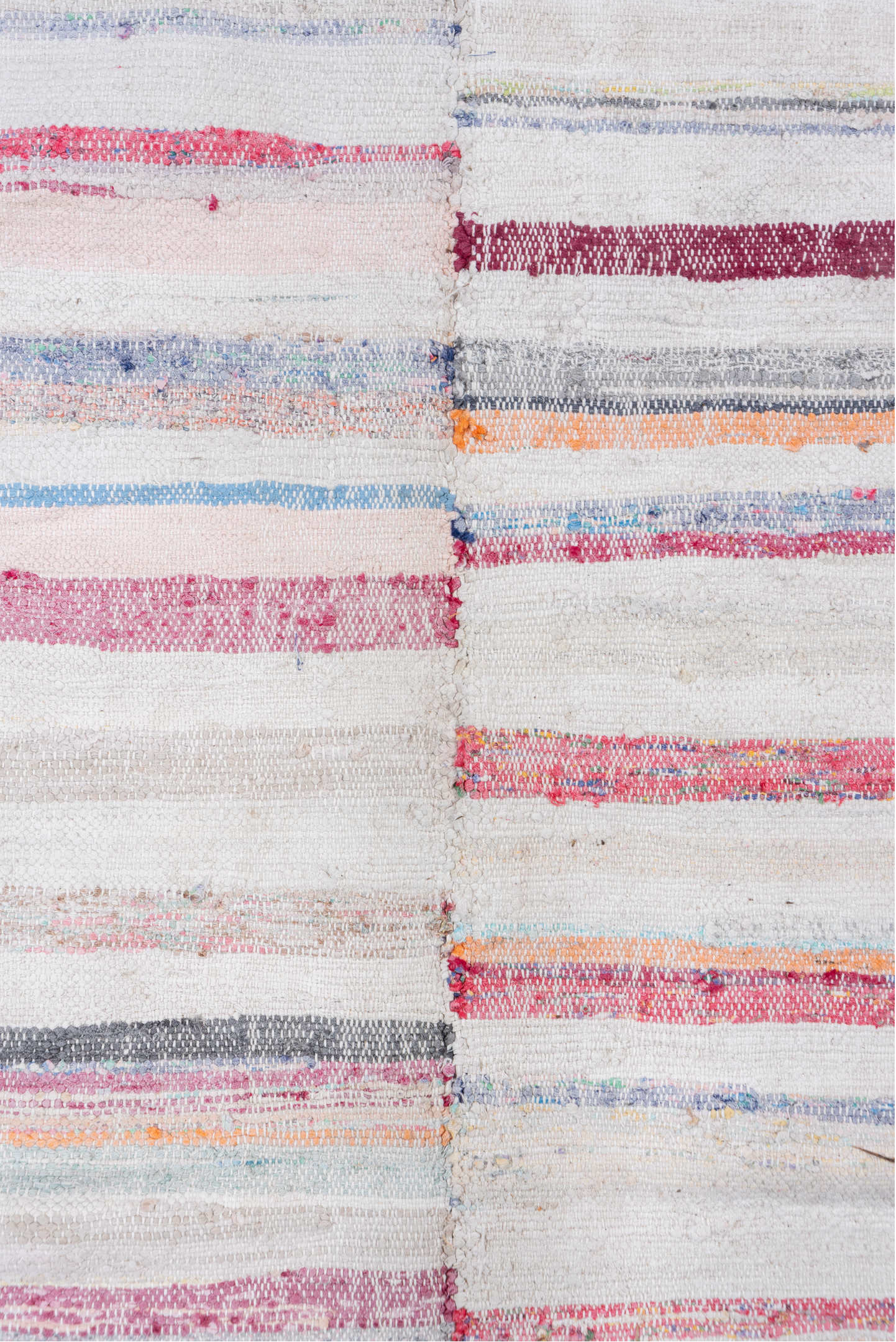 7' x 8' one-of-a-kind handmade vintage Rag Rug rug. Color palette: blue, gray, light blue, light gray, off-white, pink