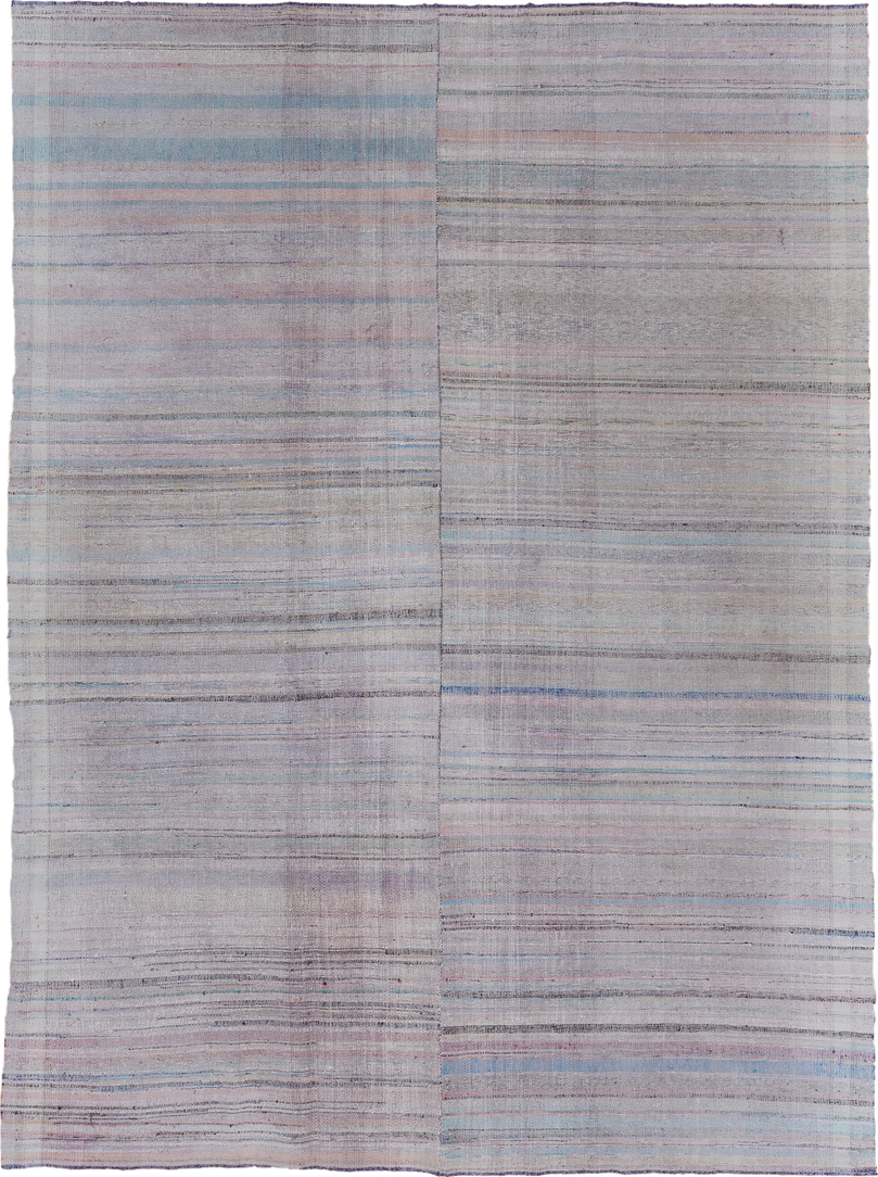 6' x 9' one-of-a-kind handmade vintage Rag Rug medium size rug. Color palette: blue, dark gray, gray, light blue, light gray