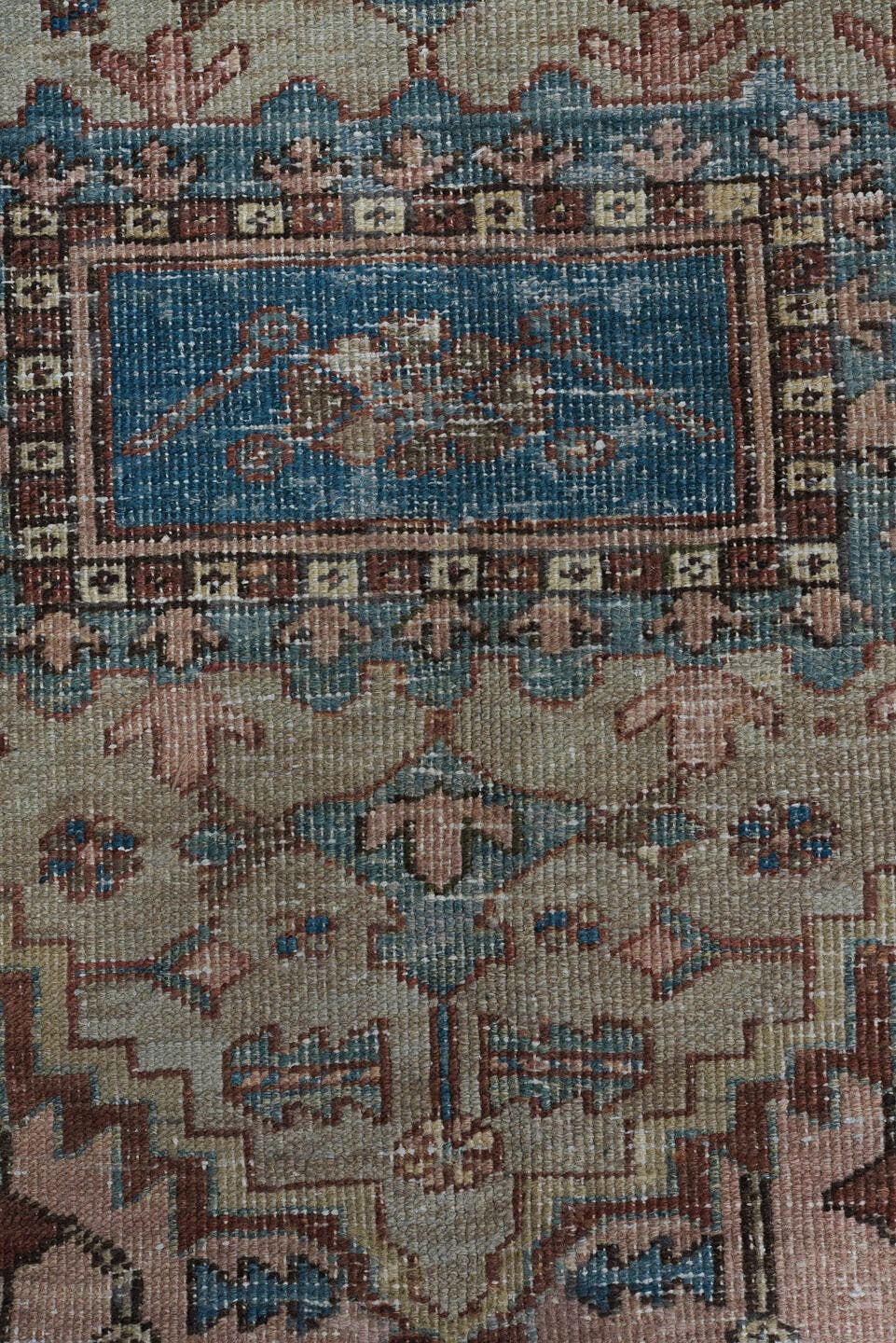 8' x 12' one-of-a-kind handmade antique Serapi large size rug. Color palette: ivory, rust, sky blue, taupe, brown, slate