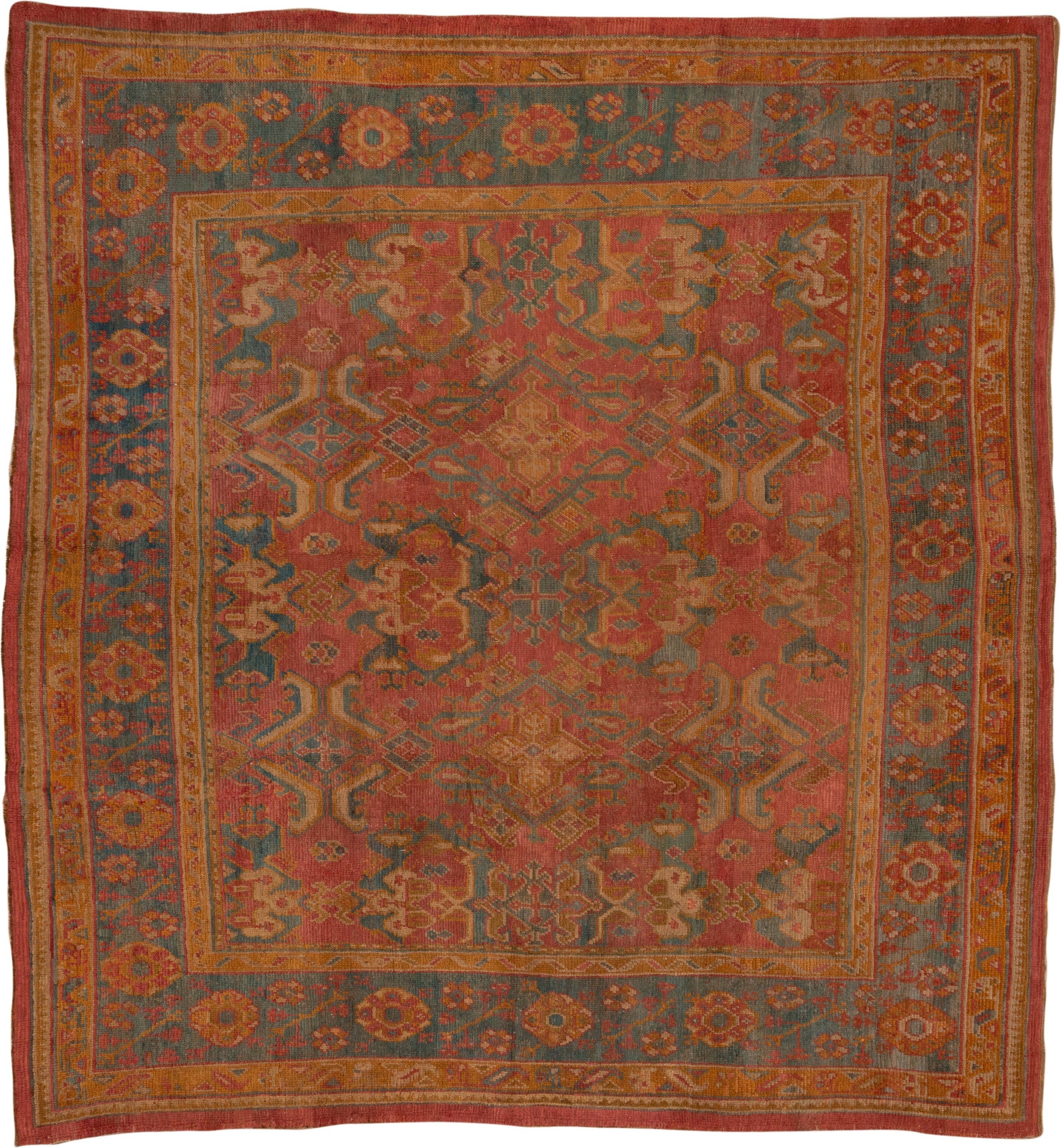 10' x 11' one-of-a-kind handmade antique Oushak large size rug. Color palette: terra cotta, rust, slate, gold, saffron