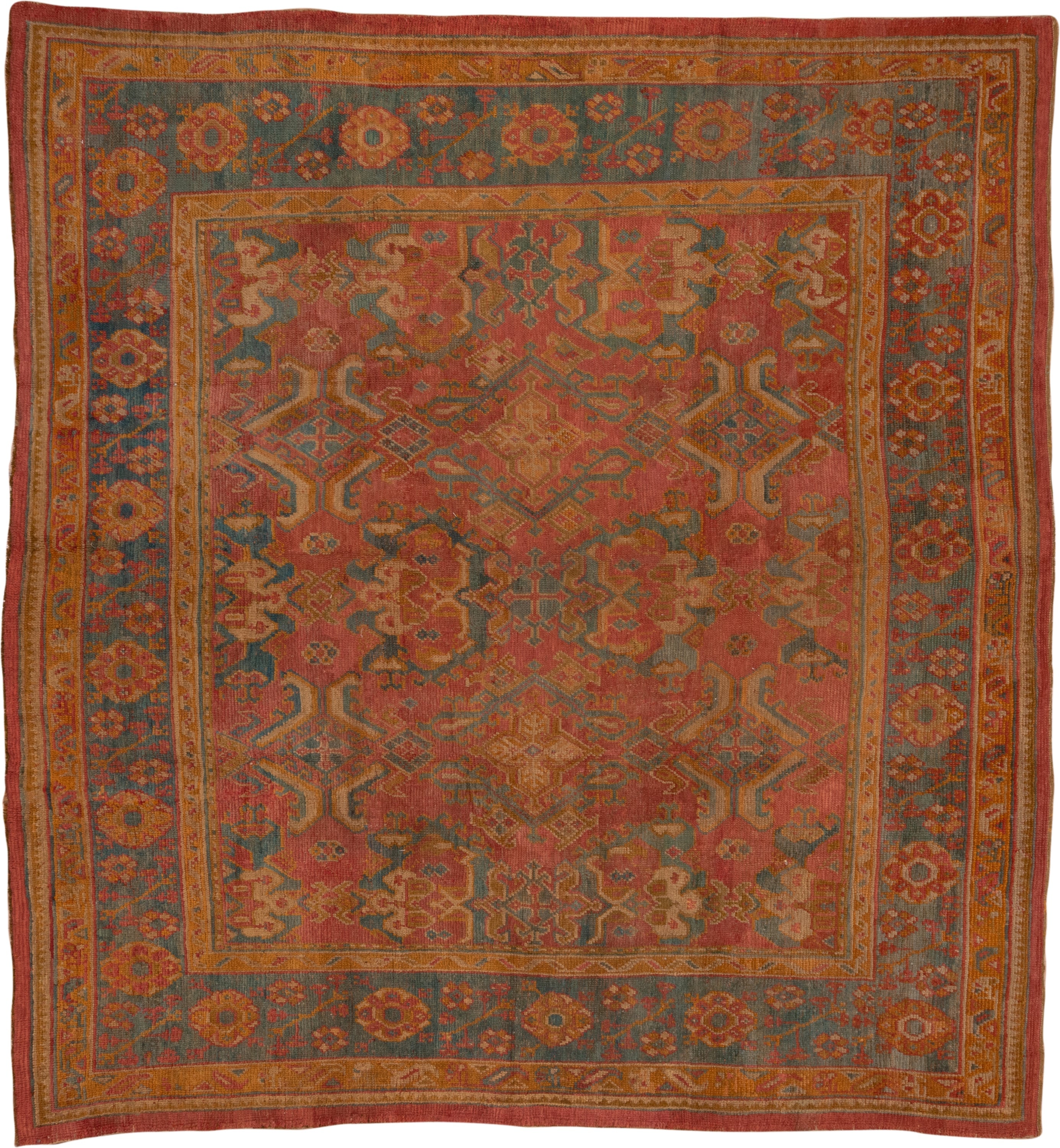 10' x 11' one-of-a-kind handmade antique Oushak large size rug. Color palette: terra cotta, rust, slate, gold, saffron
