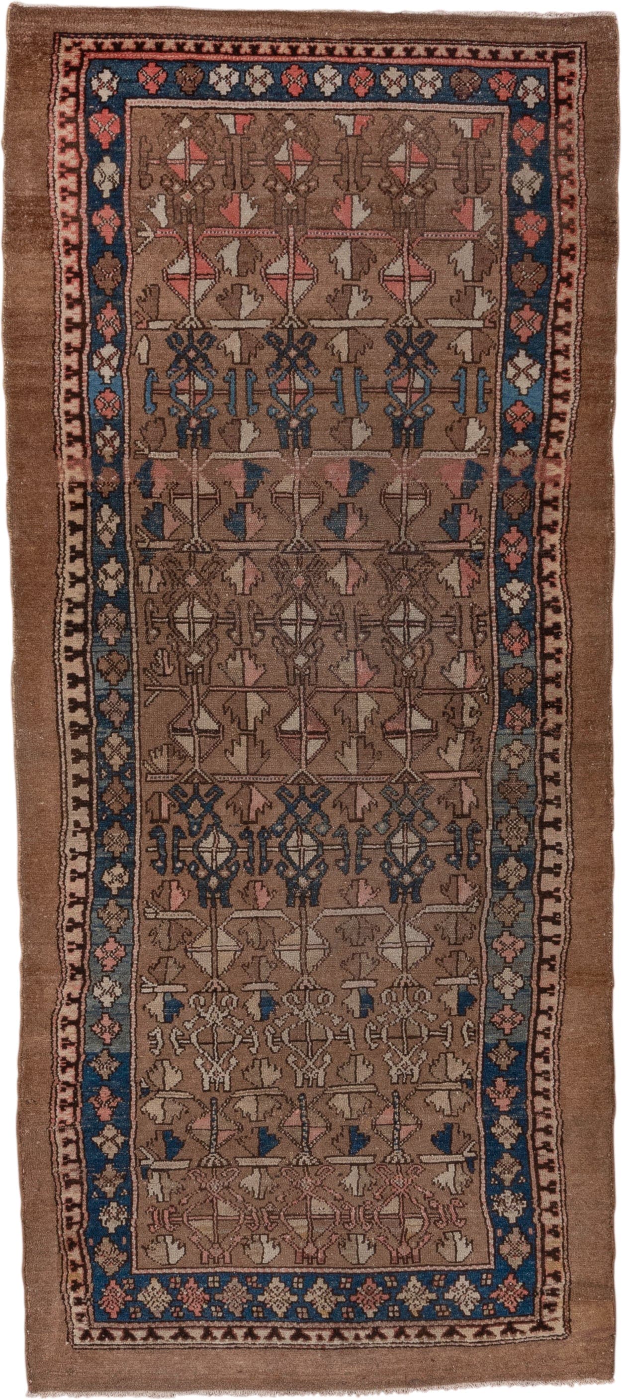 3' x 8' one-of-a-kind handmade antique Cam Hamadan runner rug. Color palette: taupe, brown, indigo, ivory, rose, camel