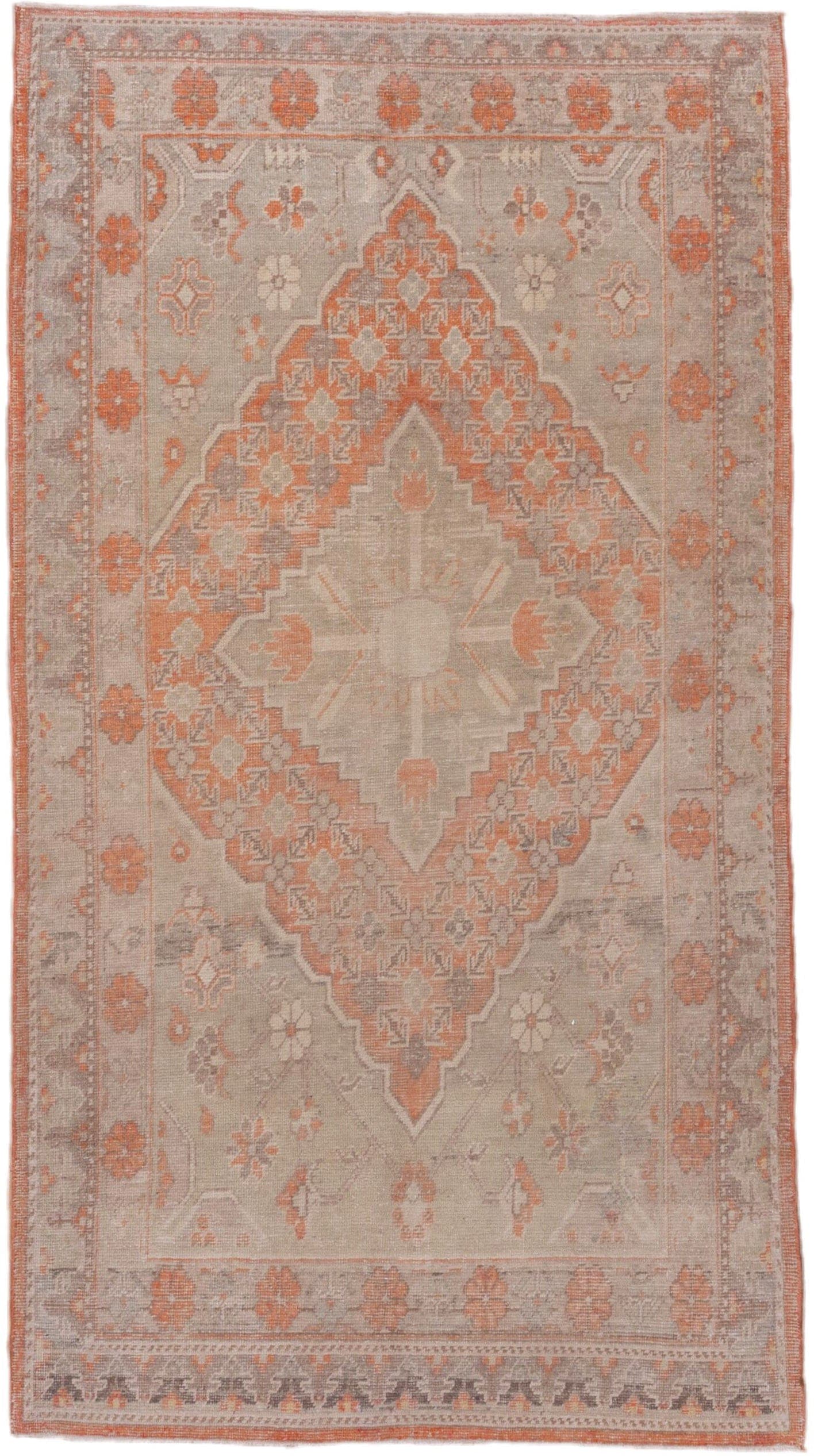 4' x 7' one-of-a-kind handmade antique Khotan rug. Color palette: taupe, coral, ivory, pewter, rose, camel, beige, gray