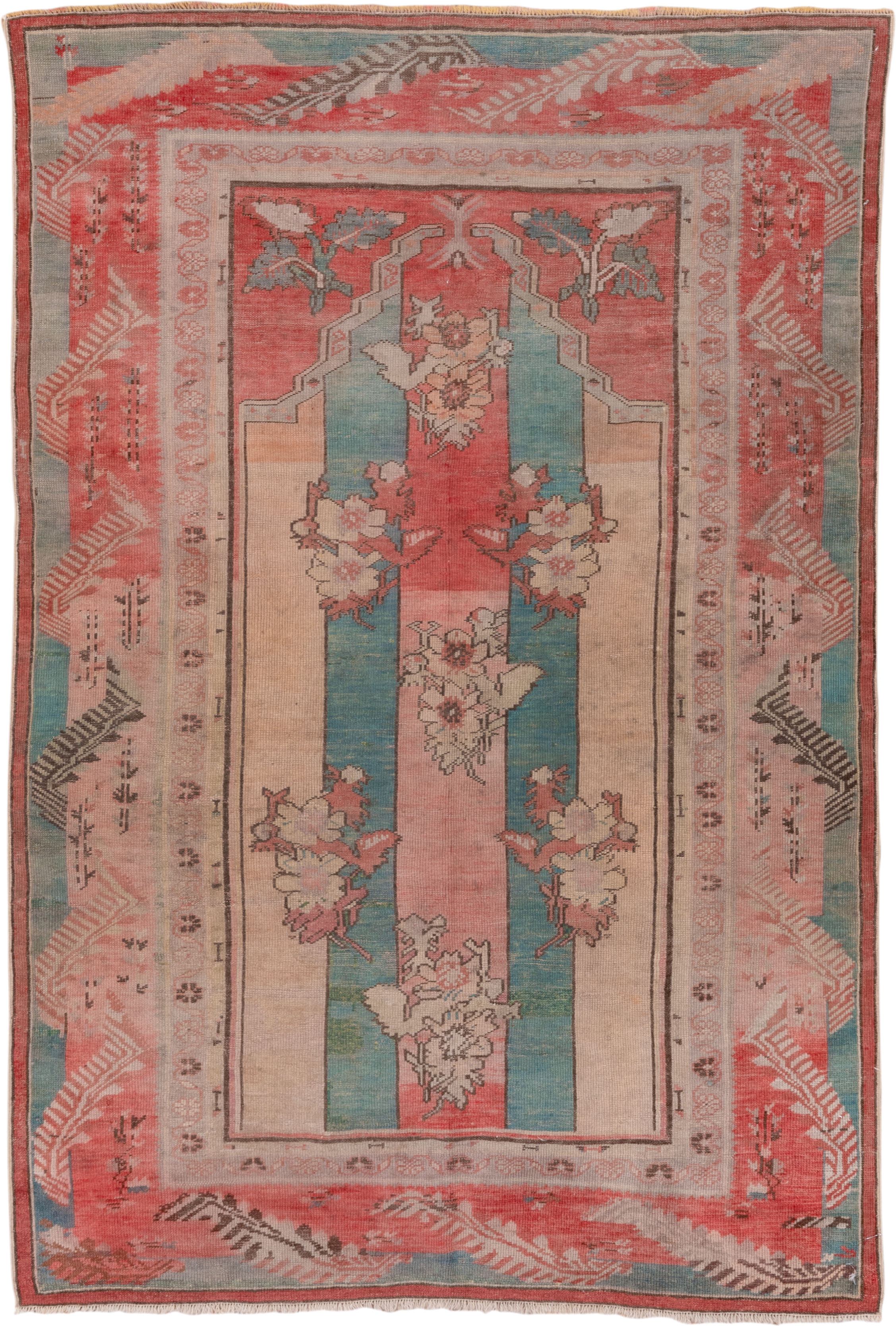 4' x 5' one-of-a-kind handmade antique Oushak small size rug. Color palette: coral, ivory, aqua, rose, taupe, charcoal