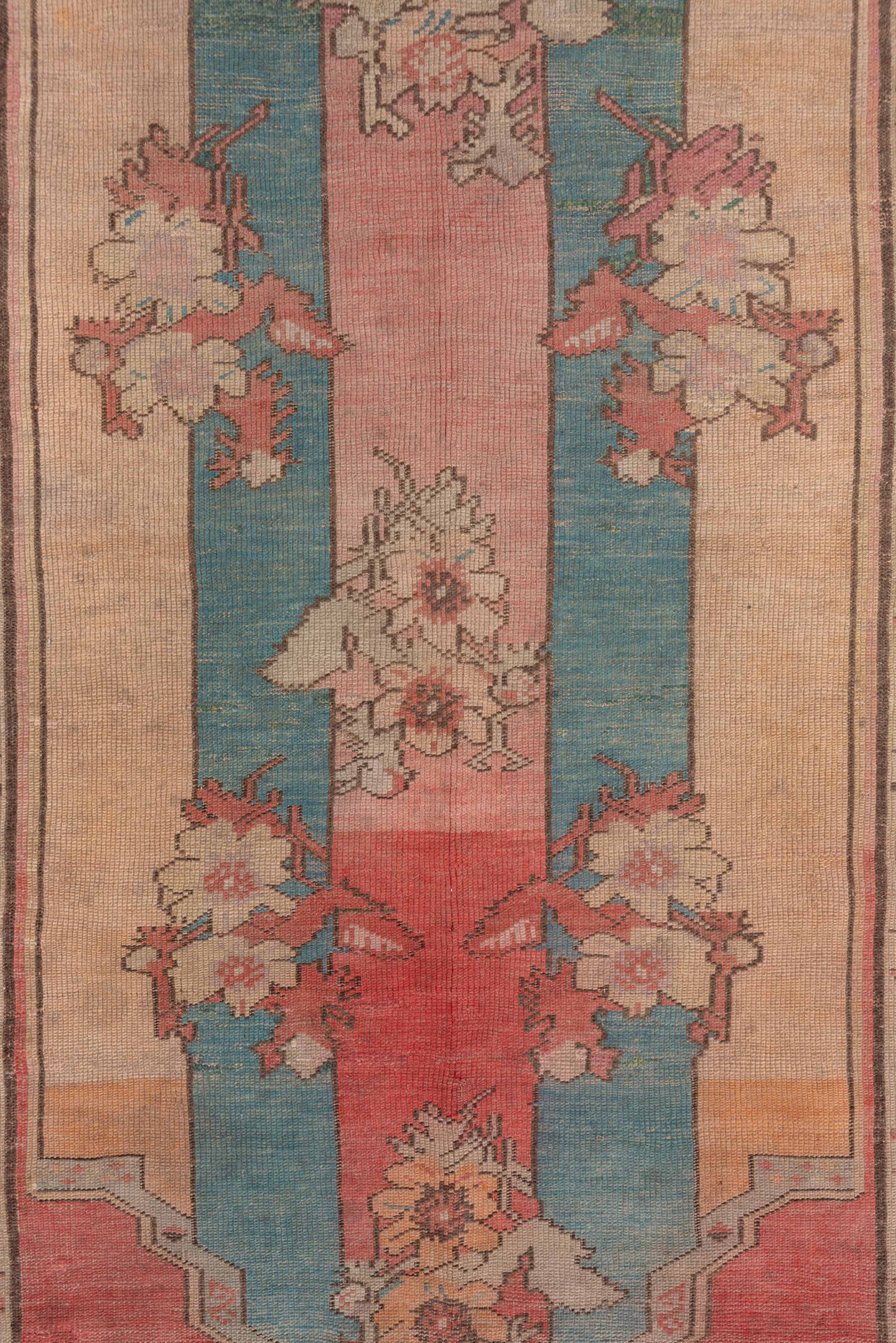 4' x 5' one-of-a-kind handmade antique Oushak small size rug. Color palette: coral, ivory, aqua, rose, taupe, charcoal