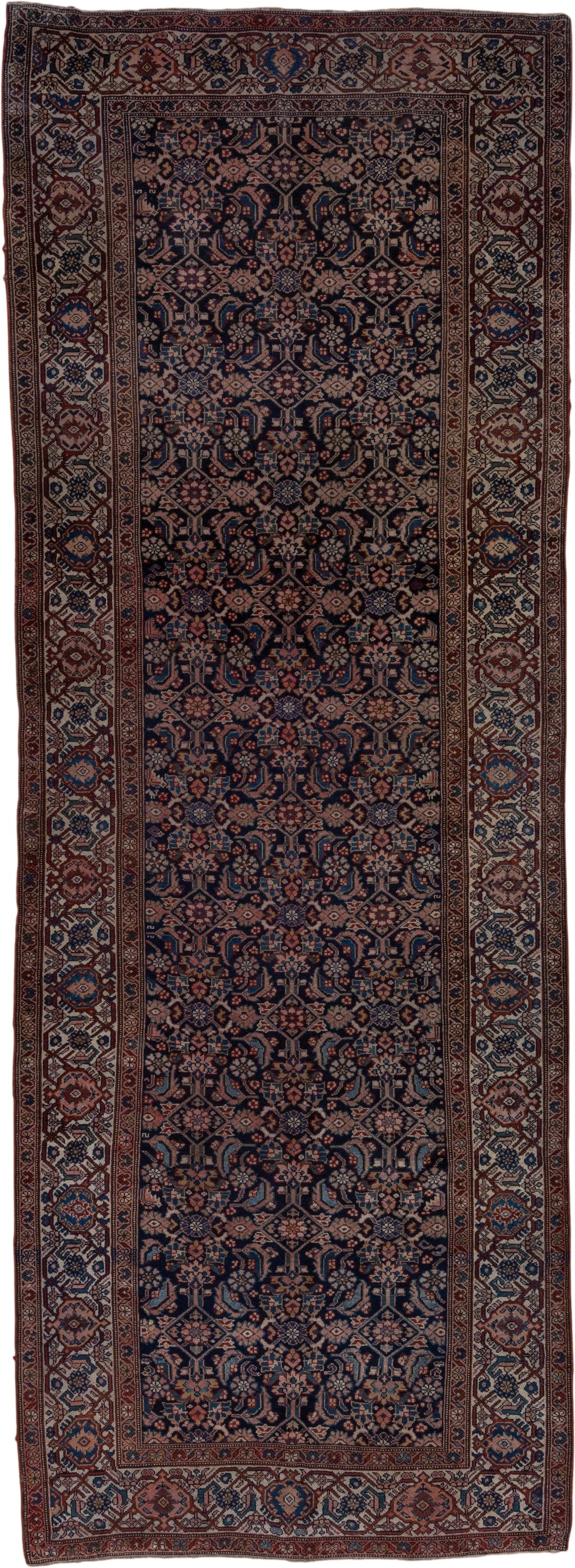 5' x 14' one-of-a-kind handmade antique Malayer rug. Color palette: navy, ivory, rust, indigo, camel, rose, sienna, blue