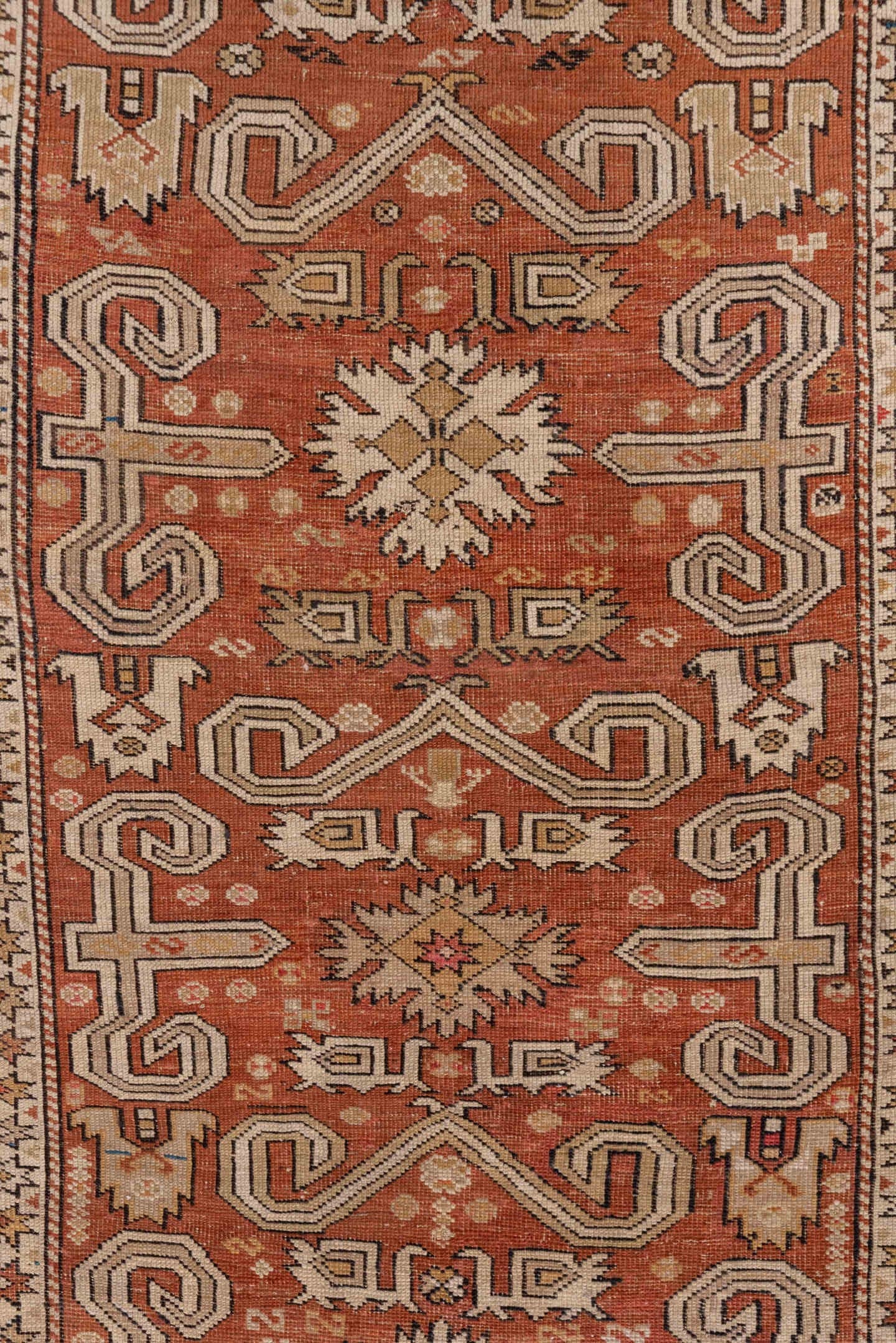 3' x 5' one-of-a-kind handmade antique Shirvan small size rug. Color palette: rust, ivory, camel, taupe, brown, blue, sage
