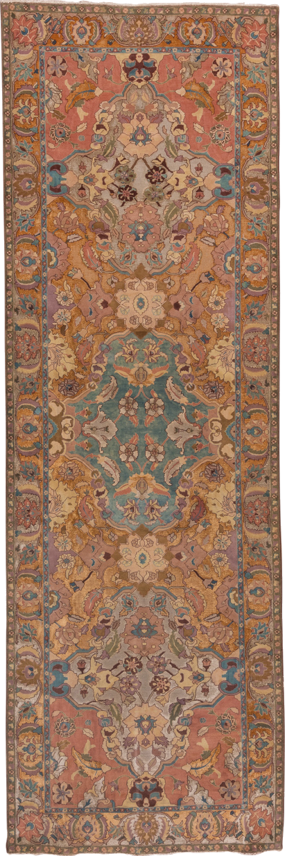 4' x 13' one-of-a-kind handmade vintage Agra runner rug. Color palette: brown, gray, light gray, pink