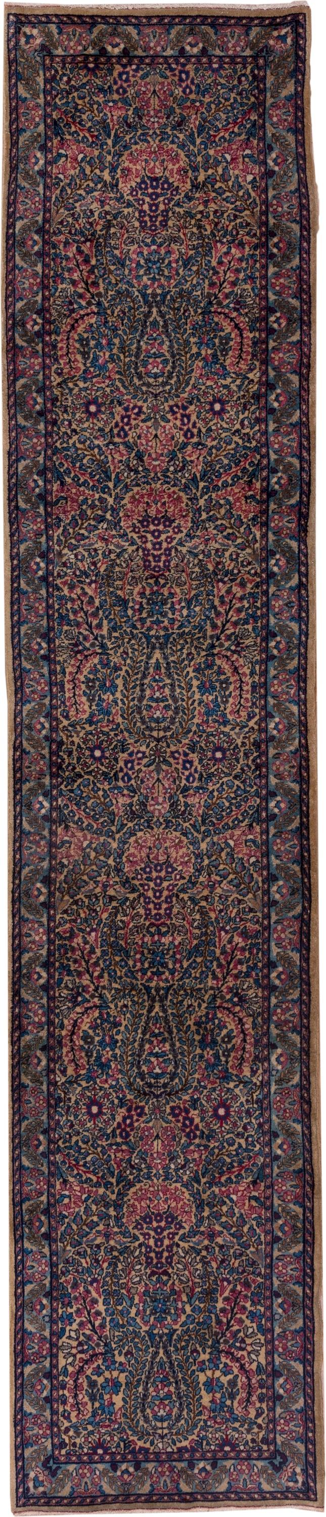 2' x 12' one-of-a-kind handmade antique Kerman runner rug. Color palette: navy, rose, ivory, soft blue, burgundy, taupe
