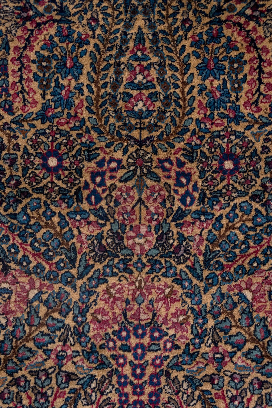 2' x 12' one-of-a-kind handmade antique Kerman runner rug. Color palette: navy, rose, ivory, soft blue, burgundy, taupe