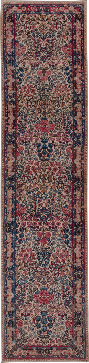 2' x 10' one-of-a-kind handmade vintage Kerman runner rug. Color palette: brown, dim gray, gray, pink, red