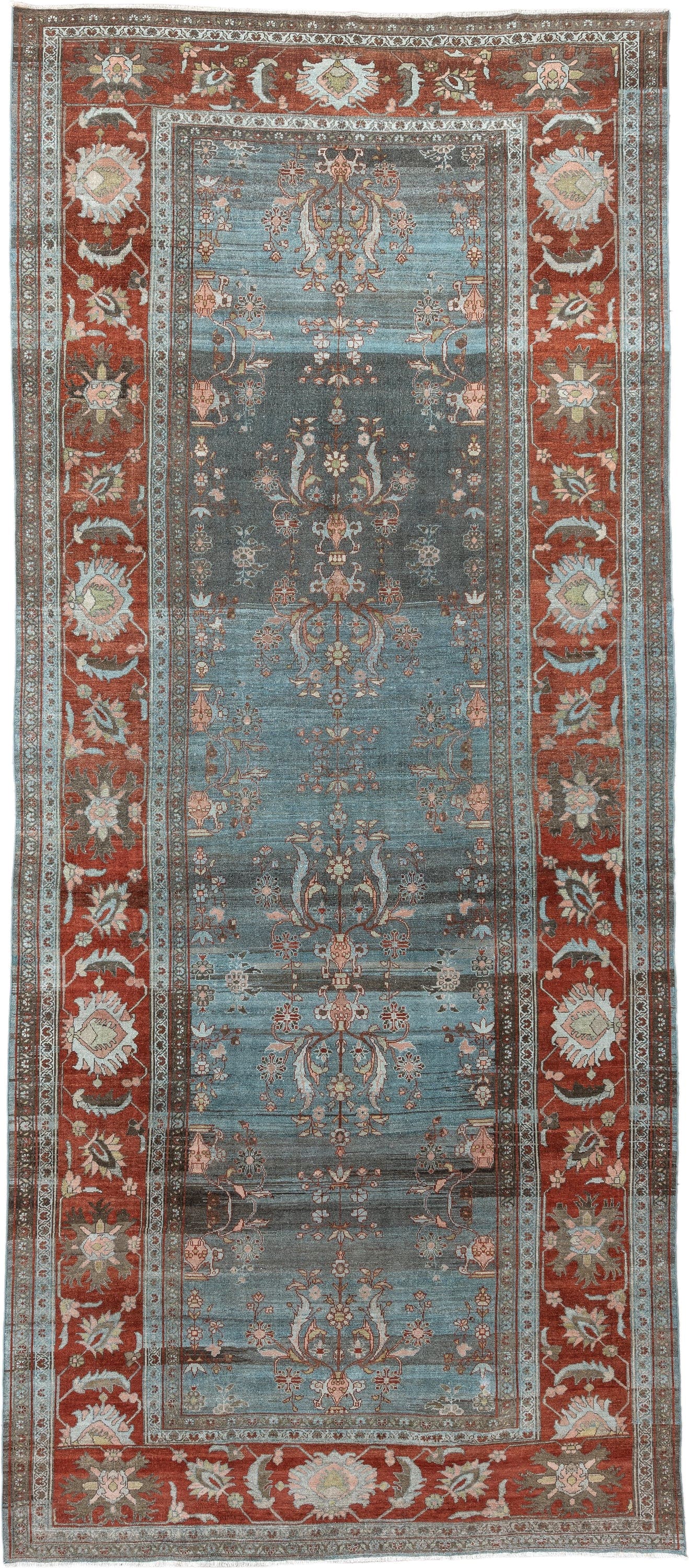 7' x 16' one-of-a-kind handmade antique Lilian rug. Color palette: blue, terracotta, ivory, slate, rose, taupe, charcoal