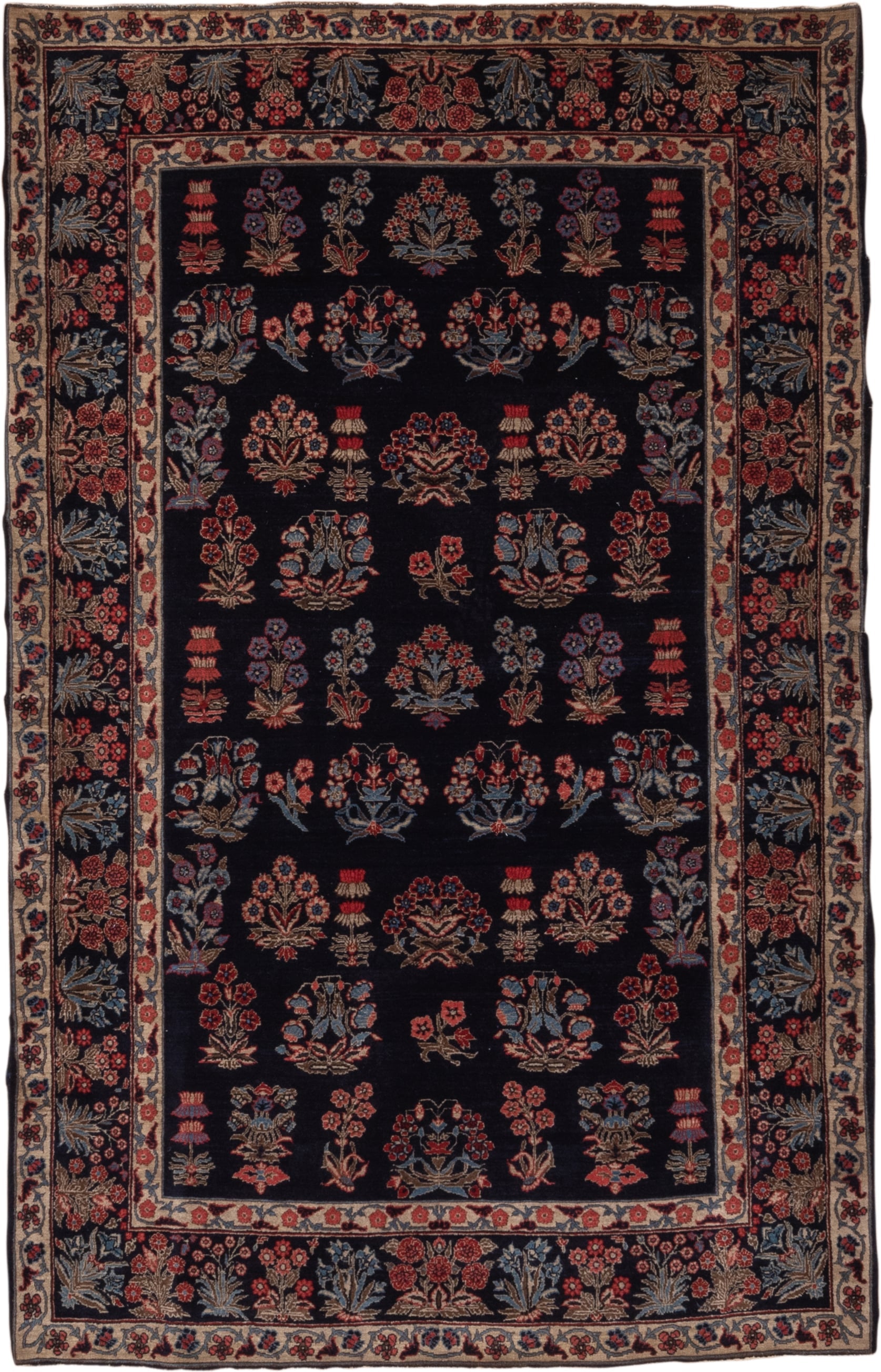 4' x 6' one-of-a-kind handmade vintage Far.Sarouk small size rug. Color palette: navy, ivory, rust, slate_blue, rose, taupe
