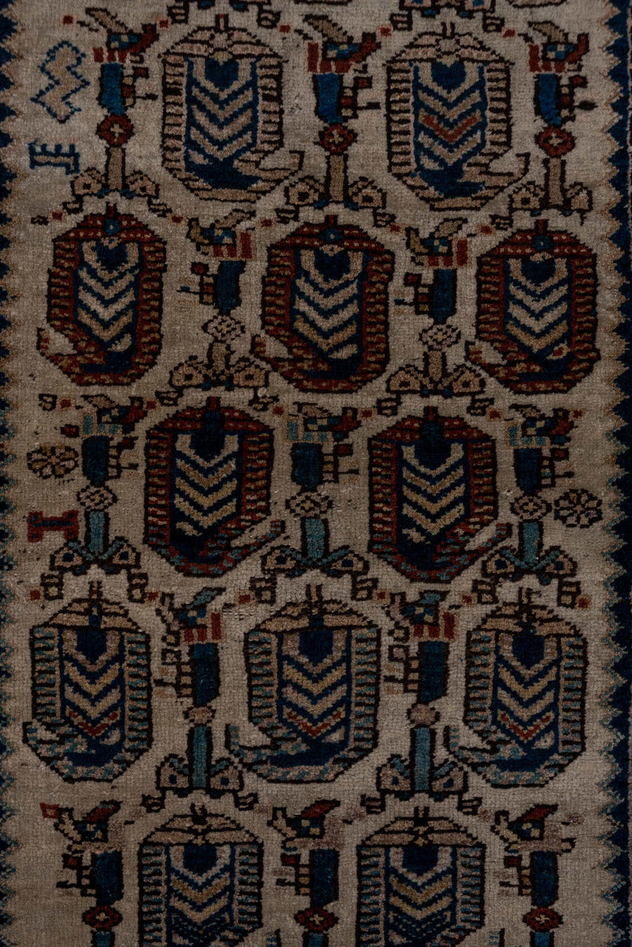 3' x 9' one-of-a-kind handmade antique NW Persian runner rug. Color palette: ivory, indigo, camel, rust, slate, brown